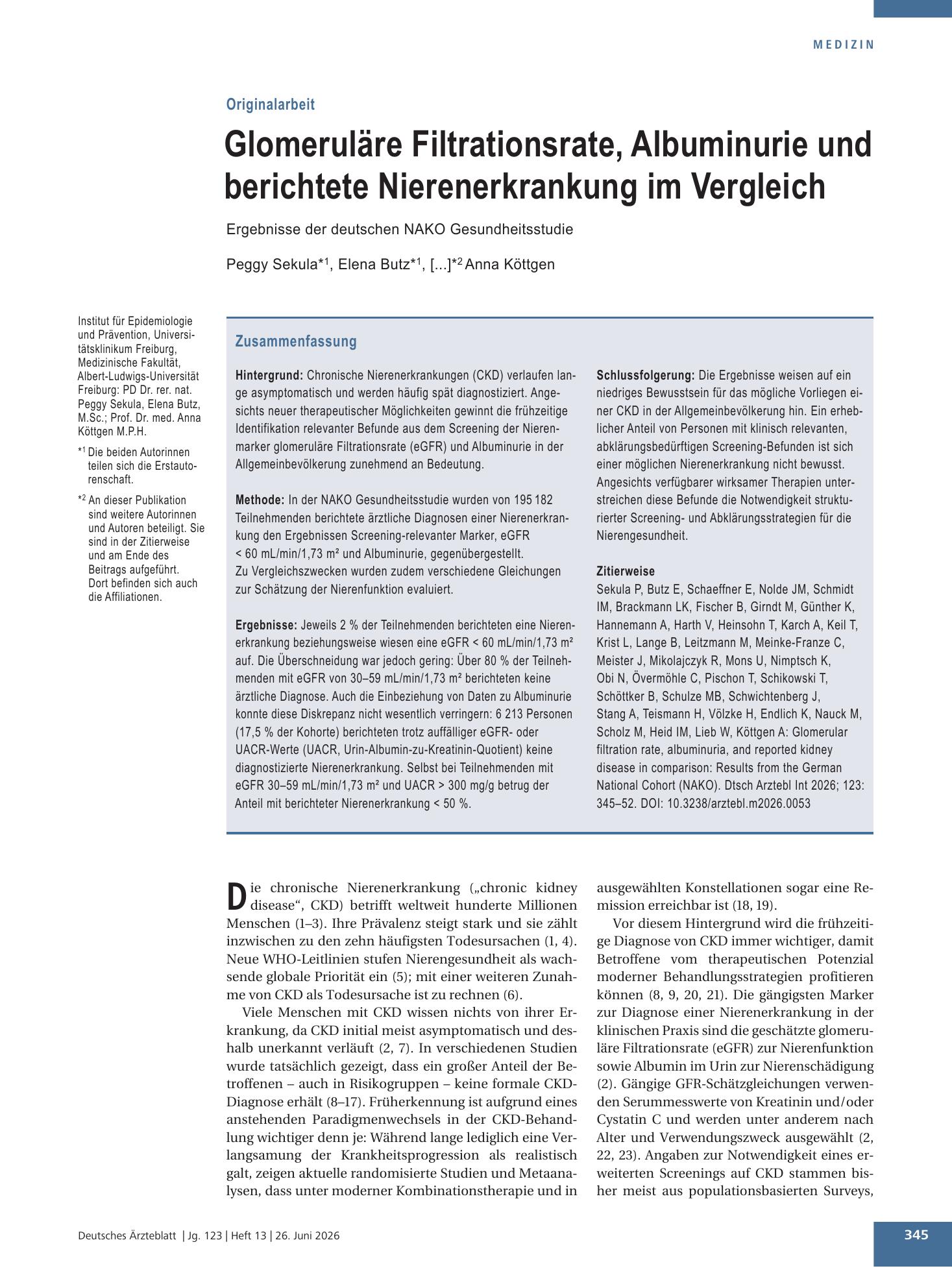 Vorschauseite 1: Glomeruläre Filtrationsrate, Albuminurie und berichtete Nierenerkrankung im Vergleich – Deutsches Ärzteblatt