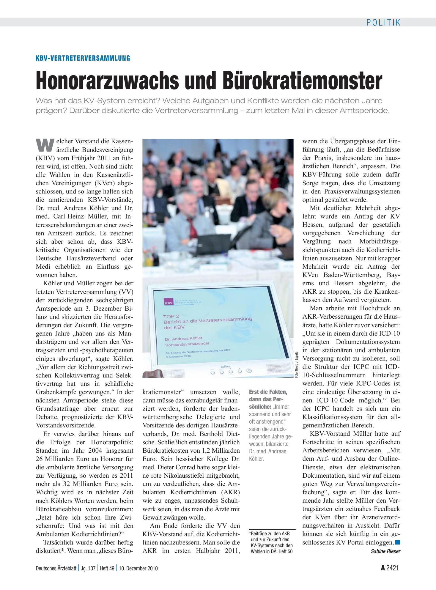 Vorschauseite 1: KBV-Vertreterversammlung: Honorarzuwachs und Bürokratiemonster – Deutsches Ärzteblatt