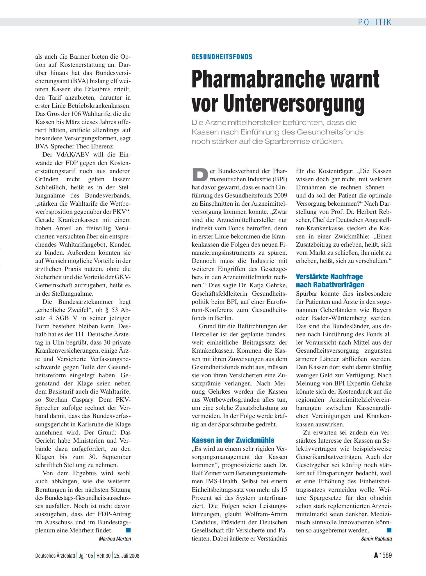 Vorschauseite 1: Gesundheitsfonds: Pharmabranche warnt vor Unterversorgung – Deutsches Ärzteblatt