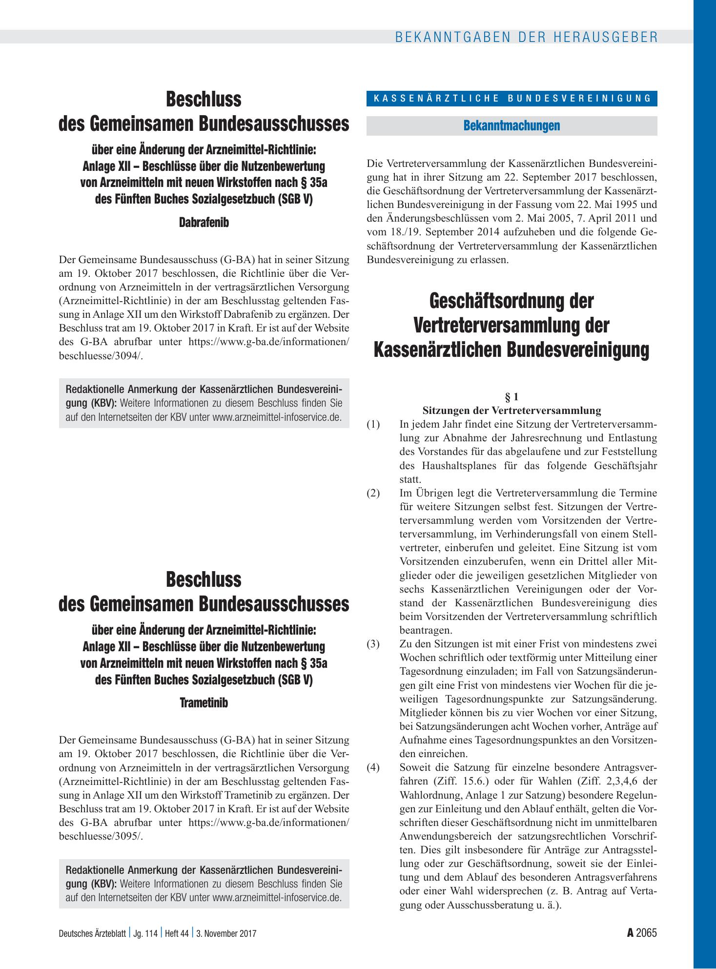 Vorschauseite 1: Beschluss des Gemeinsamen Bundesausschusses über eine Änderung der Arzneimittel-Richtlinie: Anlage XII – Dabrafenib – Deutsches Ärzteblatt