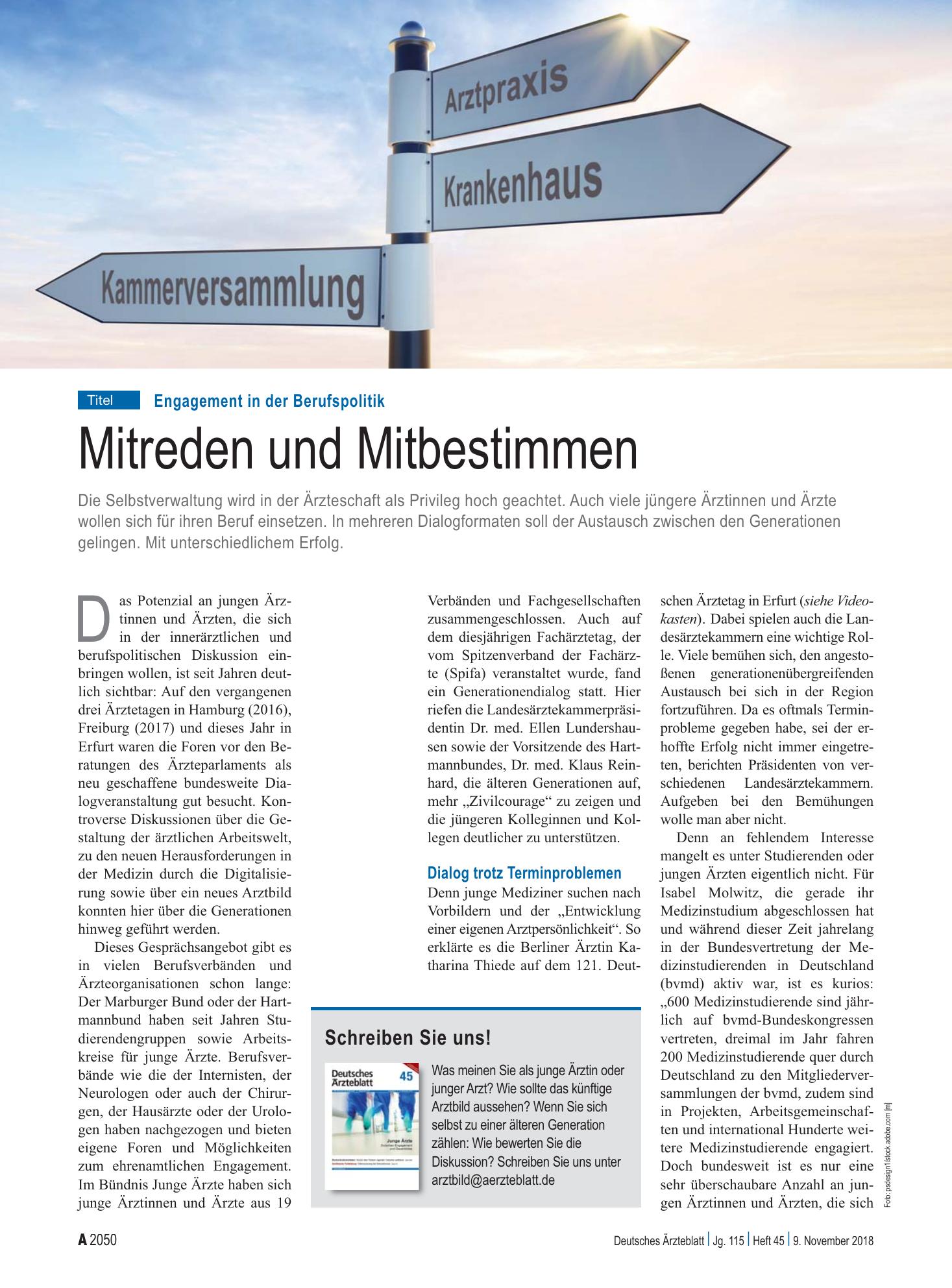 Vorschauseite 1: Engagement in der Berufspolitik: Mitreden und Mitbestimmen – Deutsches Ärzteblatt
