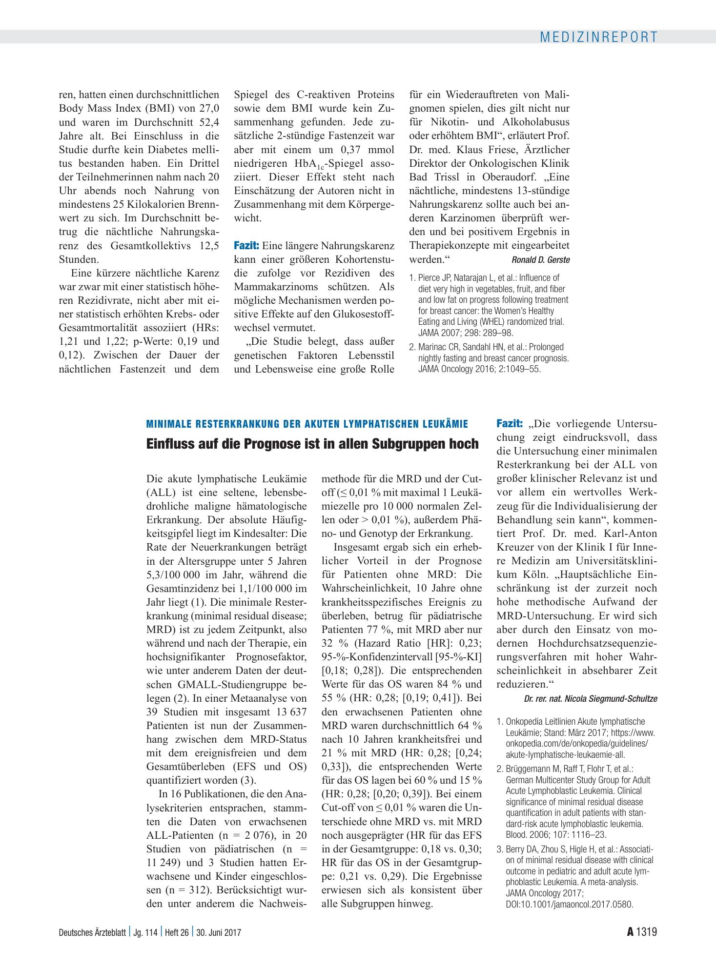 Vorschauseite 1: Minimale Resterkrankung der akuten lymphatischen Leukämie: Einfluss auf die Prognose ist in allen Subgruppen hoch – Deutsches Ärzteblatt