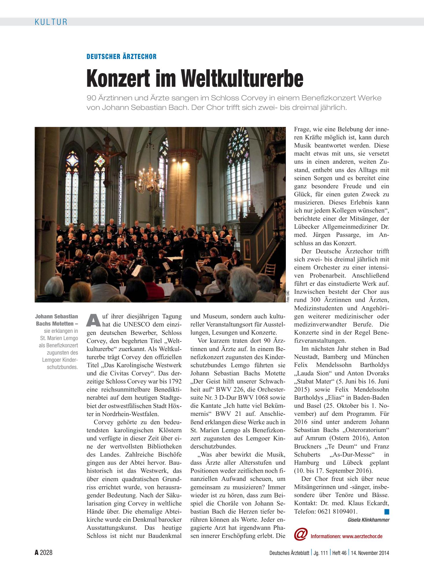 Vorschauseite 1: Deutscher Ärztechor: Konzert im Weltkulturerbe – Deutsches Ärzteblatt