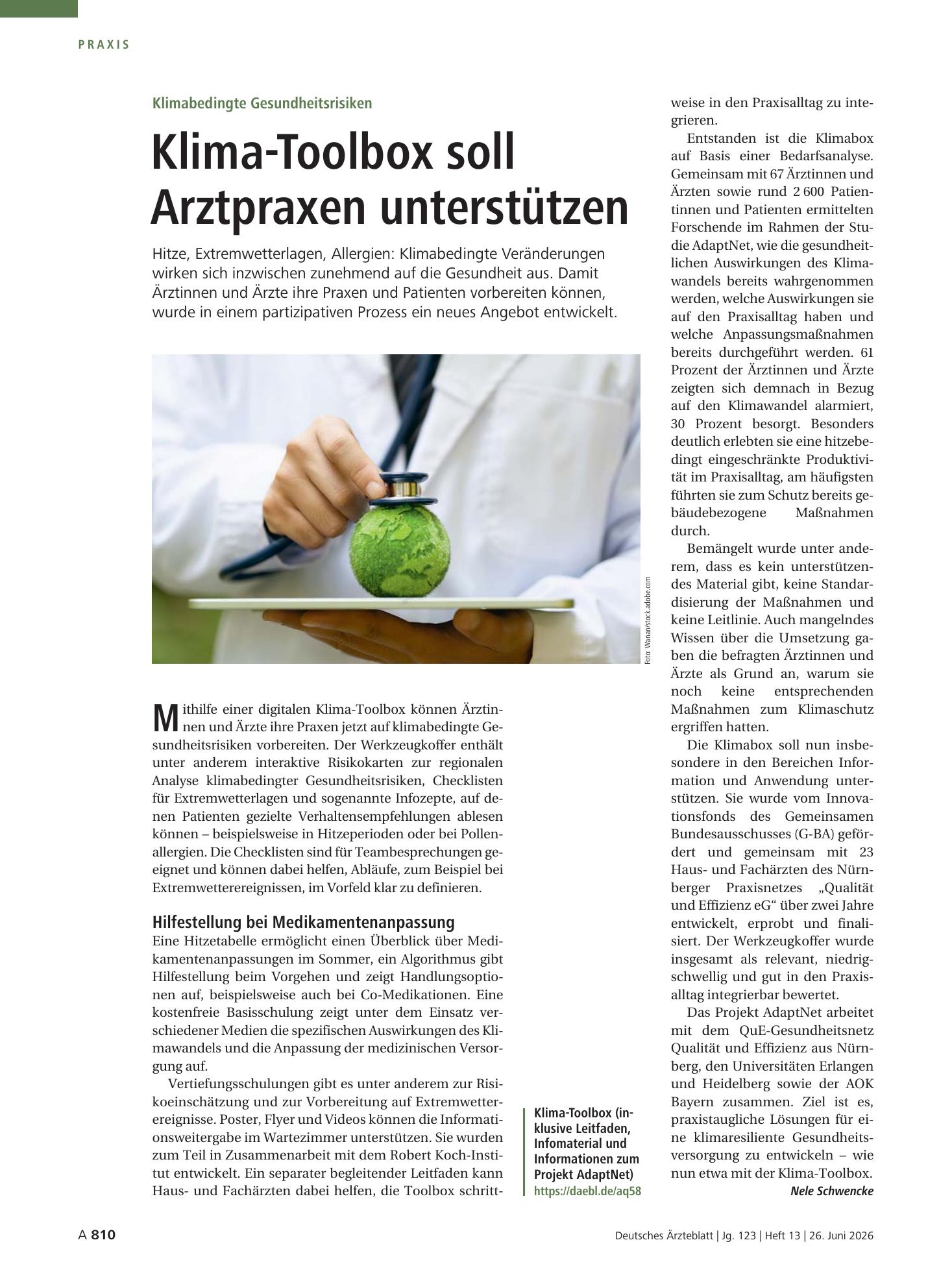 Vorschauseite 1: Klimabedingte Gesundheitsrisiken: Klima-Toolbox soll Arztpraxen unterstützen – Deutsches Ärzteblatt
