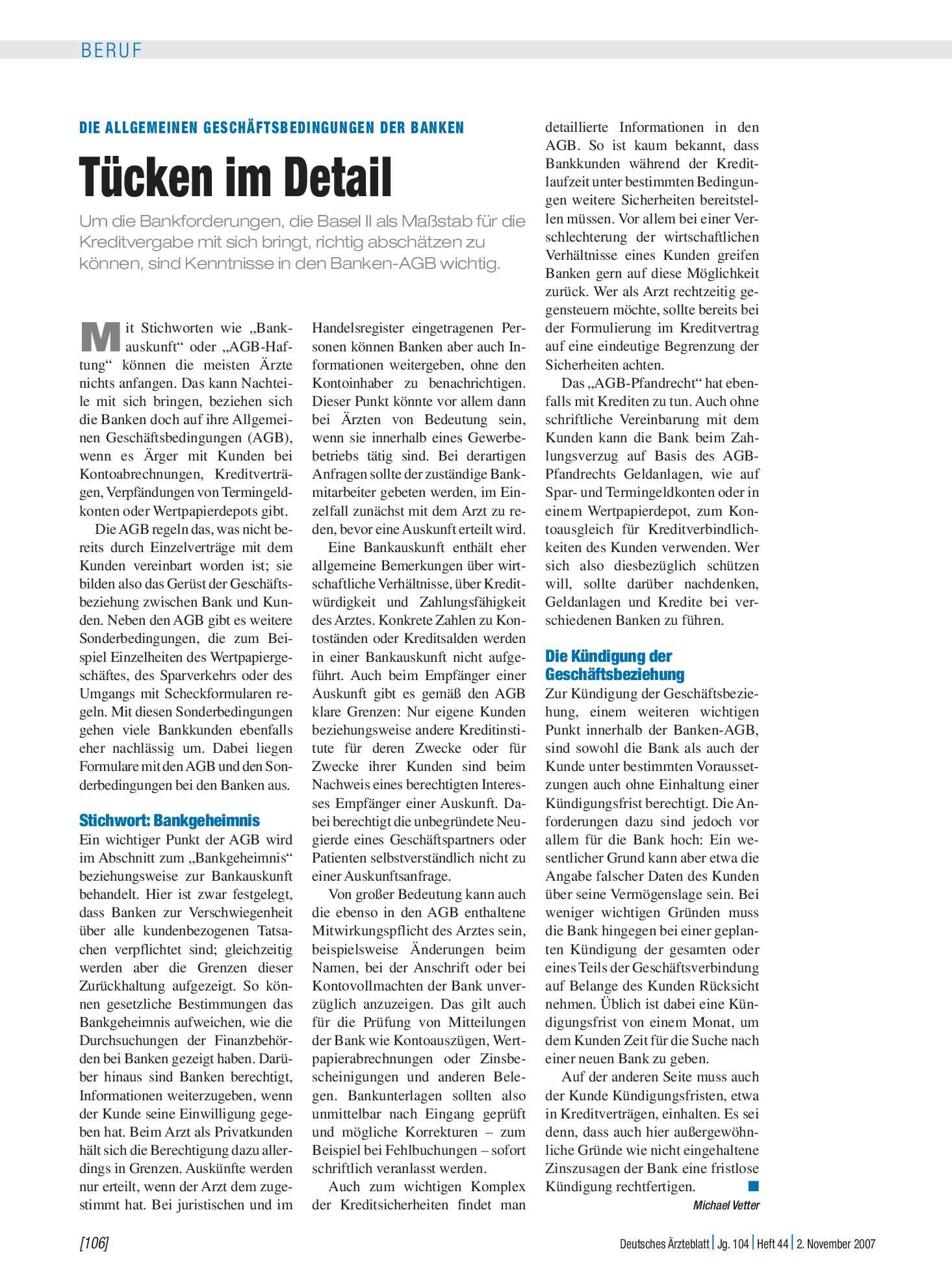 Vorschauseite 1: Die Allgemeinen Geschäftsbedingungen der Banken: Tücken im Detail – Deutsches Ärzteblatt