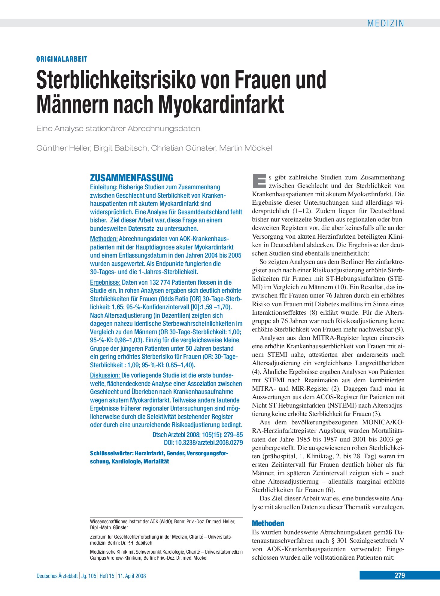 Vorschauseite 1: Sterblichkeitsrisiko von Frauen und Männern nach Myokardinfarkt – Deutsches Ärzteblatt