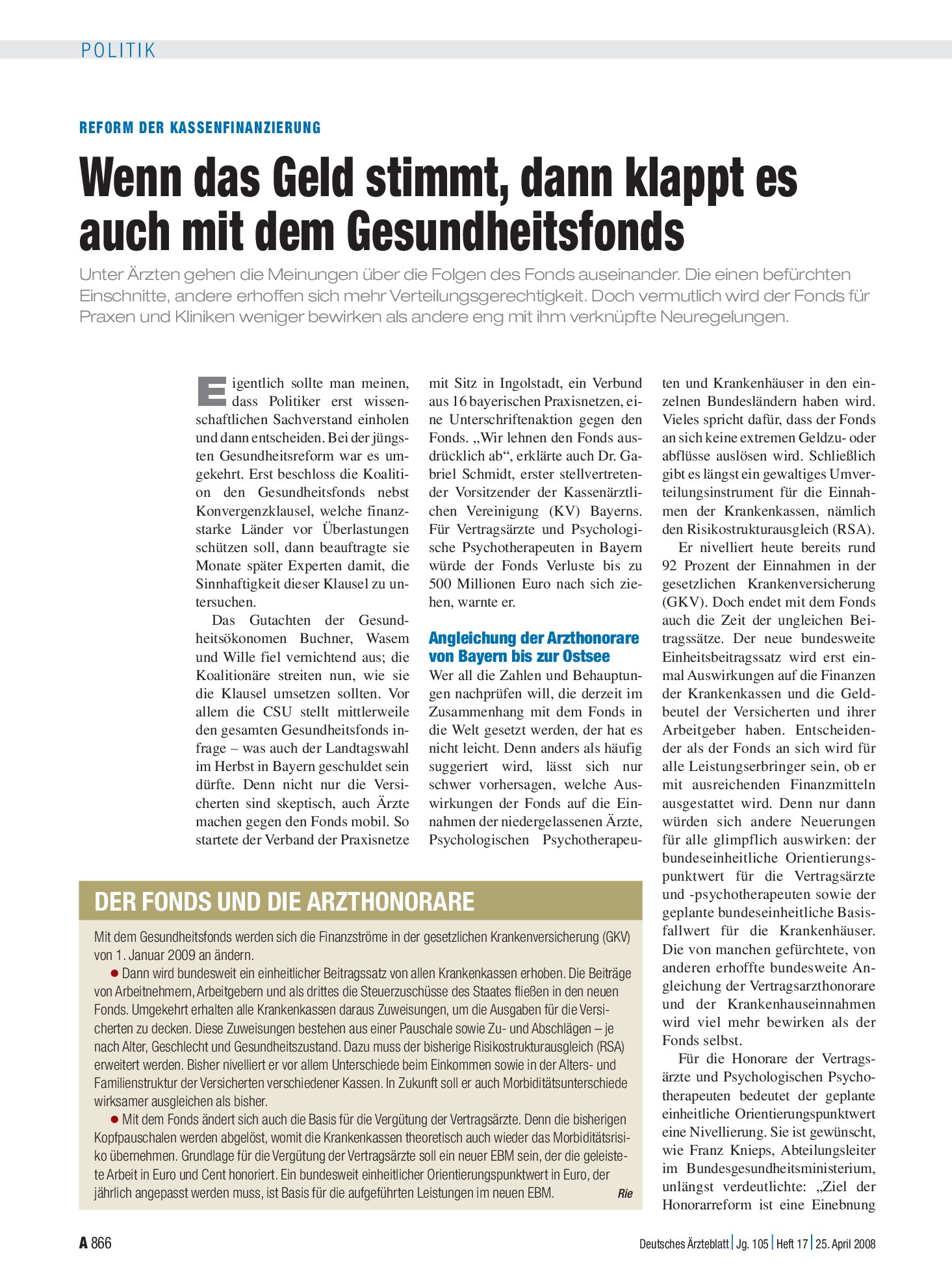 Vorschauseite 1: Der Fonds und die Arzthonorare – Deutsches Ärzteblatt