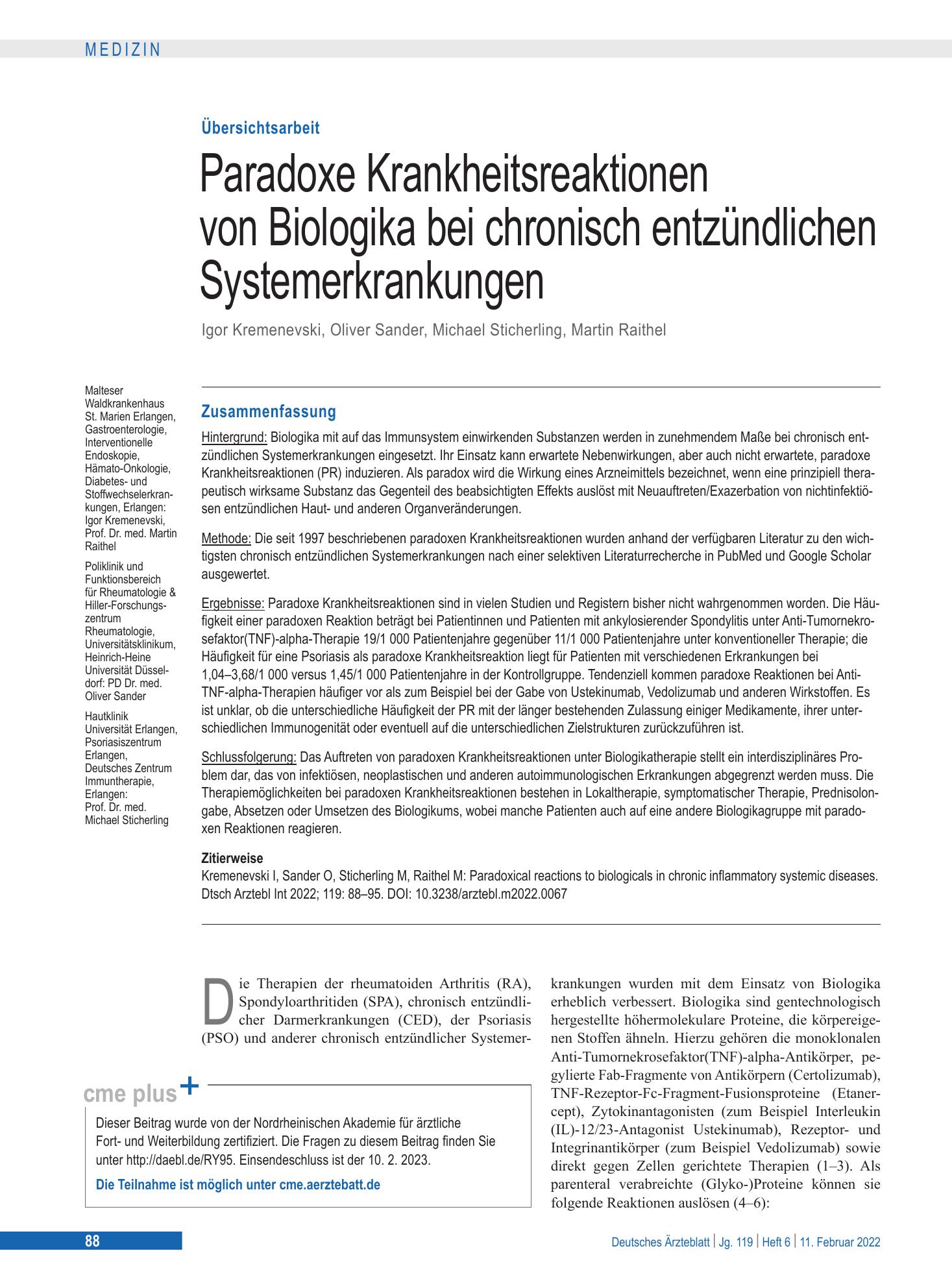 Vorschauseite 1: Paradoxe Krankheitsreaktionen von Biologika bei chronisch entzündlichen Systemerkrankungen – Deutsches Ärzteblatt