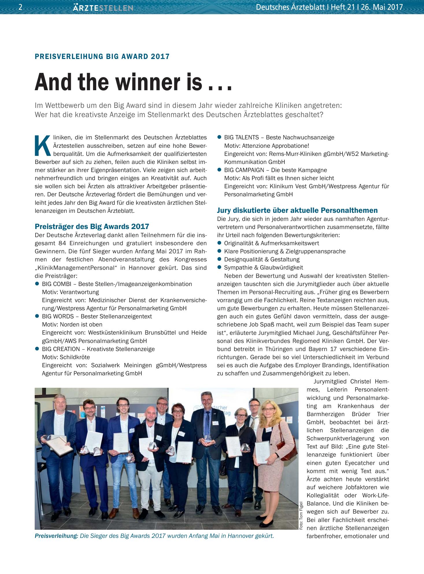 Vorschauseite 1: Preisverleihung Big Award 2017: And the winner is . . . – Deutsches Ärzteblatt