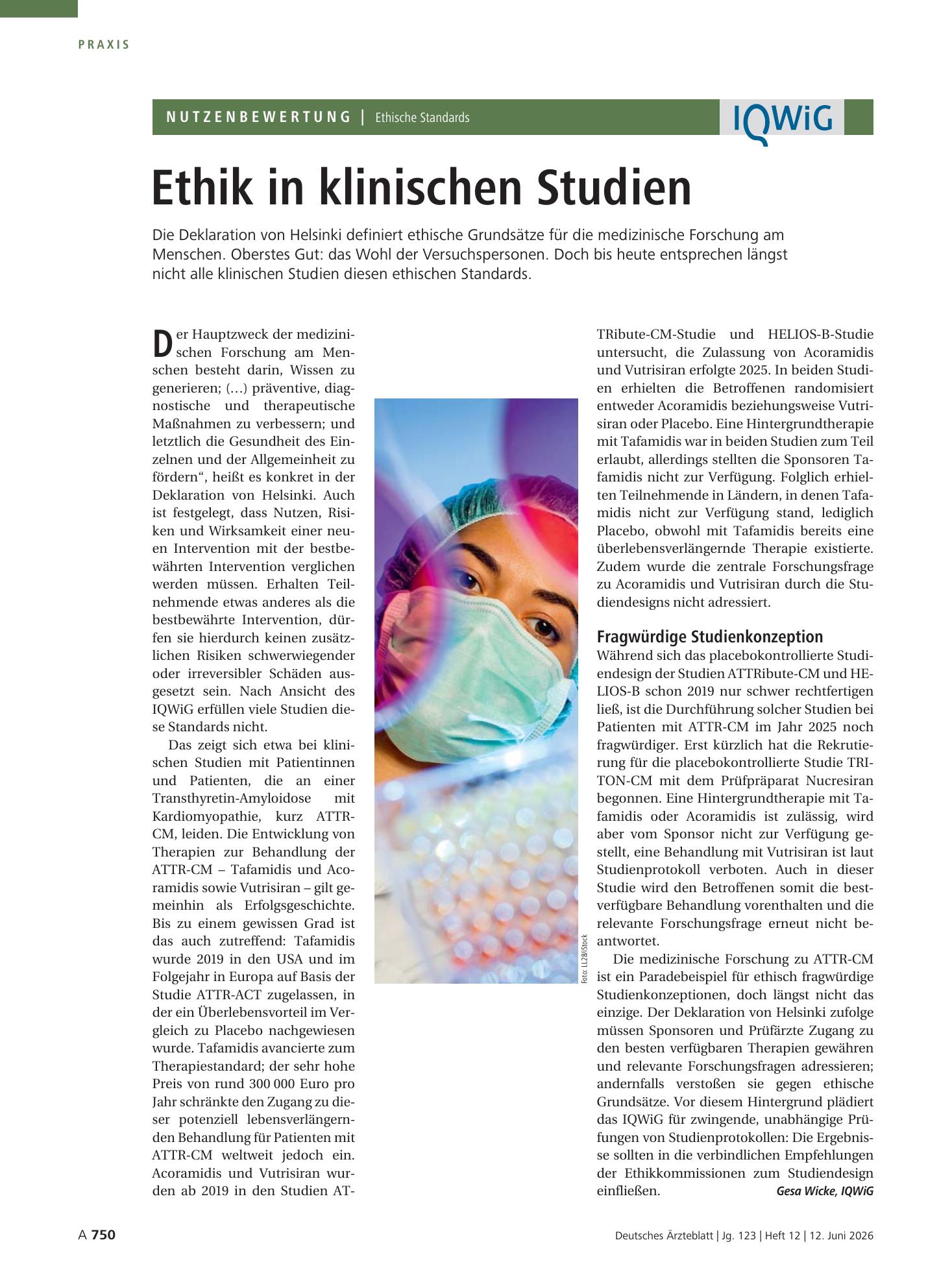 Vorschauseite 1: Ethische Standards: Ethik in klinischen Studien – Deutsches Ärzteblatt