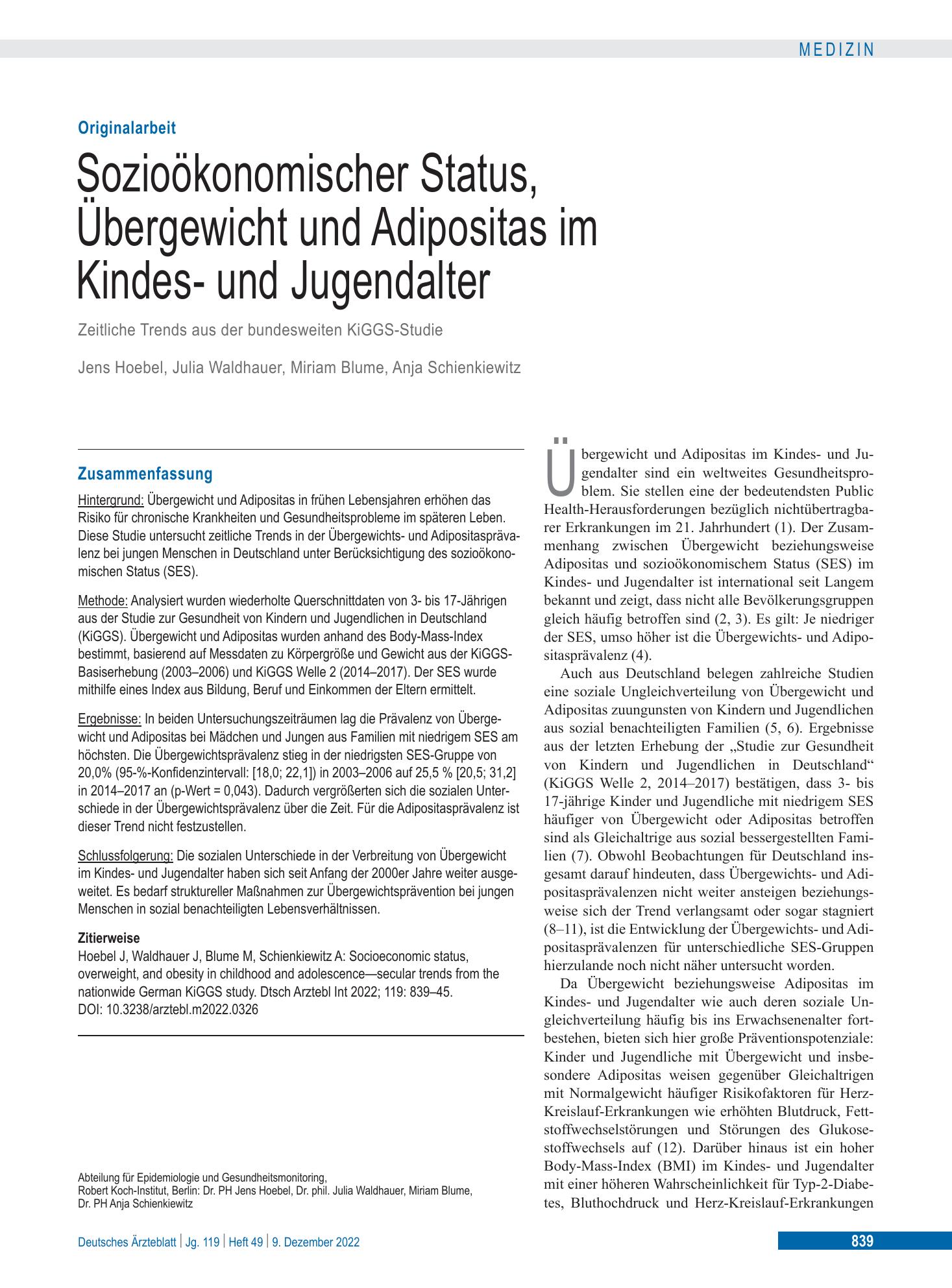 Vorschauseite 1: Sozioökonomischer Status, Übergewicht und Adipositas im Kindes- und Jugendalter – Deutsches Ärzteblatt