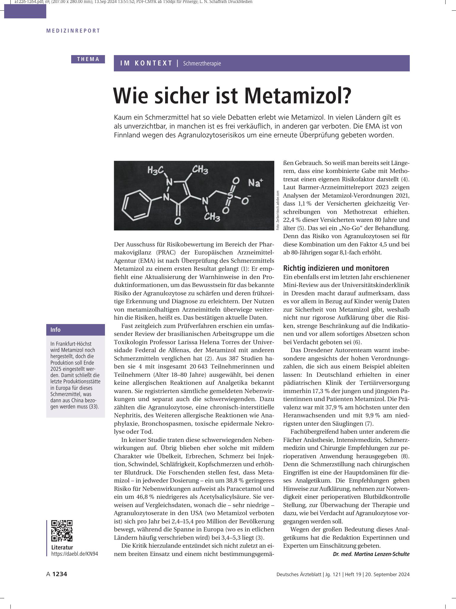 Vorschauseite 1: Wie sicher ist Metamizol? – Deutsches Ärzteblatt