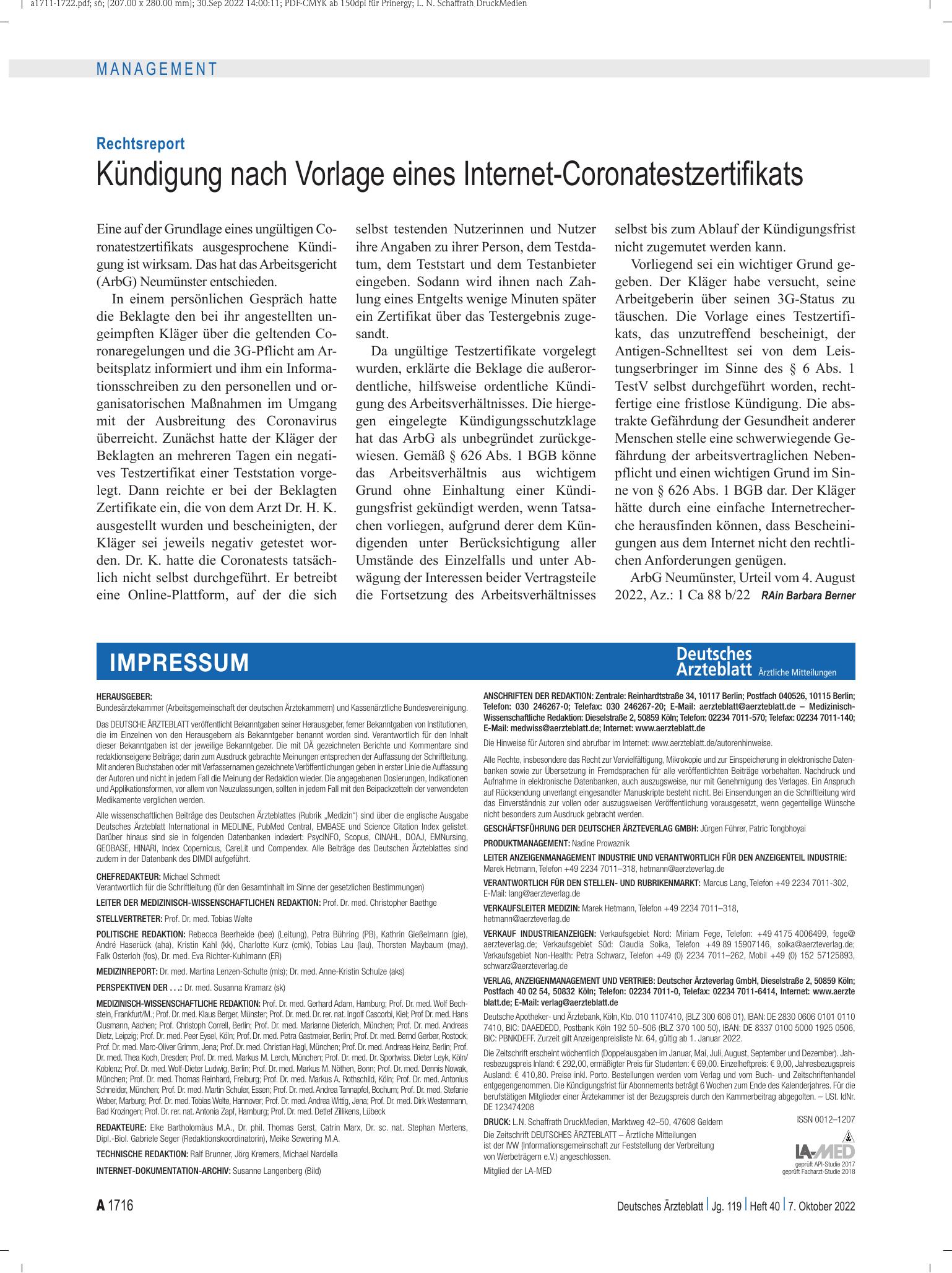 Vorschauseite 1: Rechtsreport: Kündigung nach Vorlage eines Internet-Coronatestzertifikats – Deutsches Ärzteblatt