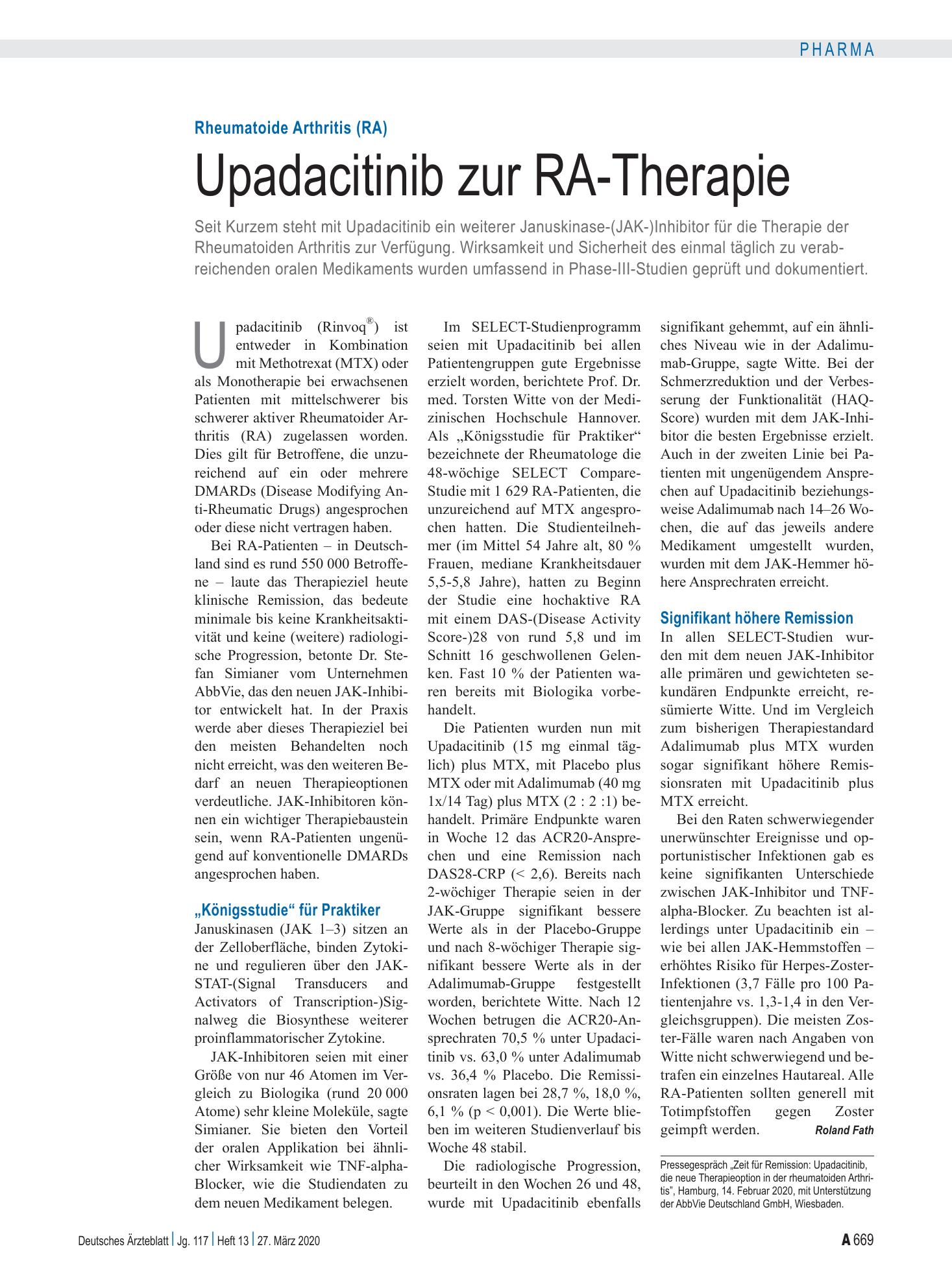 Vorschauseite 1: Rheumatoide Arthritis (RA): Upadacitinib zur RA-Therapie – Deutsches Ärzteblatt
