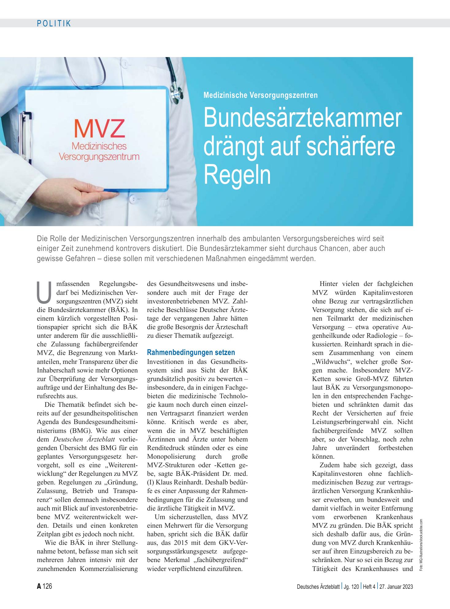 Vorschauseite 1: Medizinische Versorgungszentren: Bundesärztekammer drängt auf schärfere Regeln – Deutsches Ärzteblatt