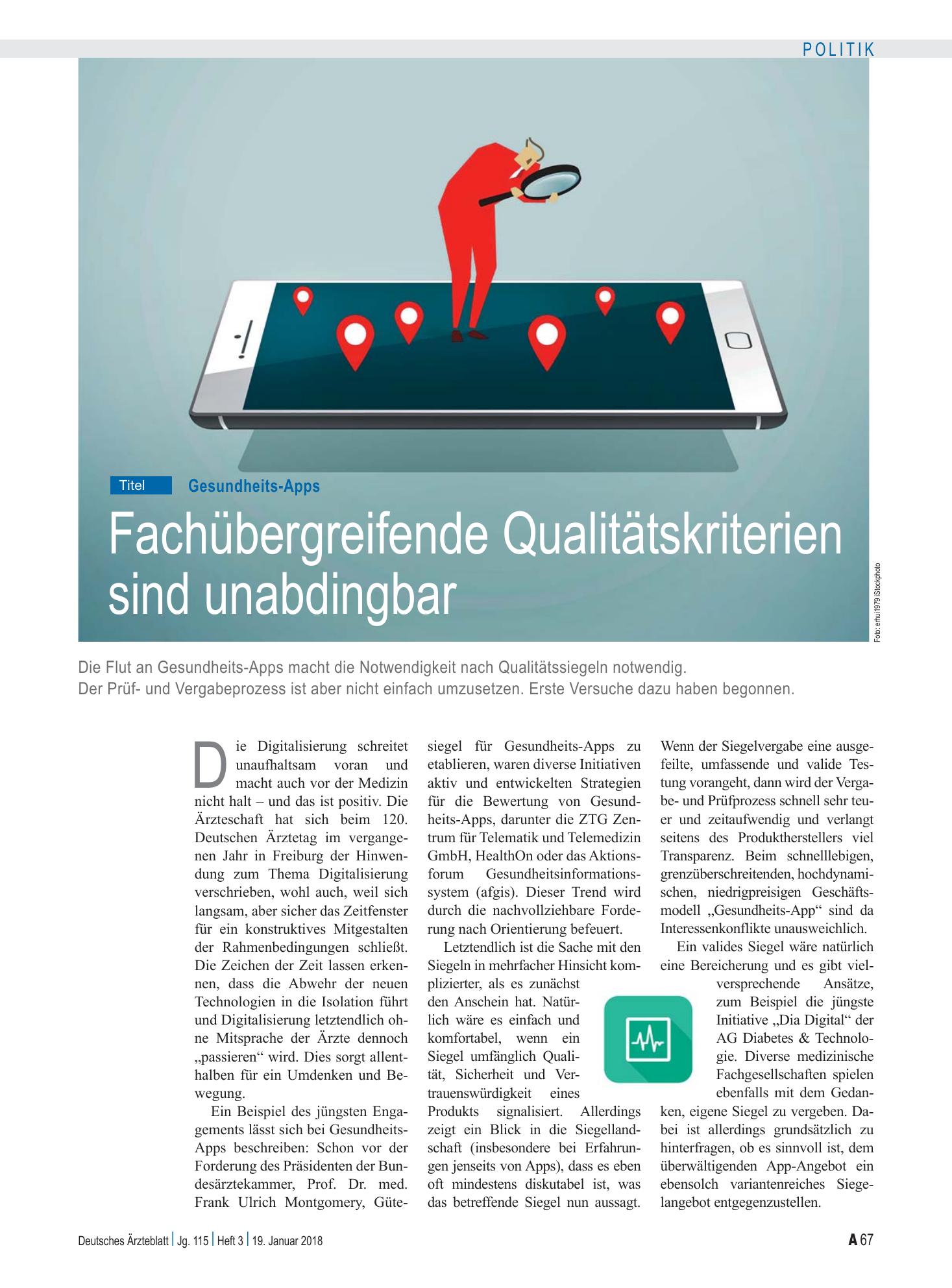 Vorschauseite 1: Gesundheits-Apps: Fachübergreifende Qualitätskriterien sind unabdingbar – Deutsches Ärzteblatt