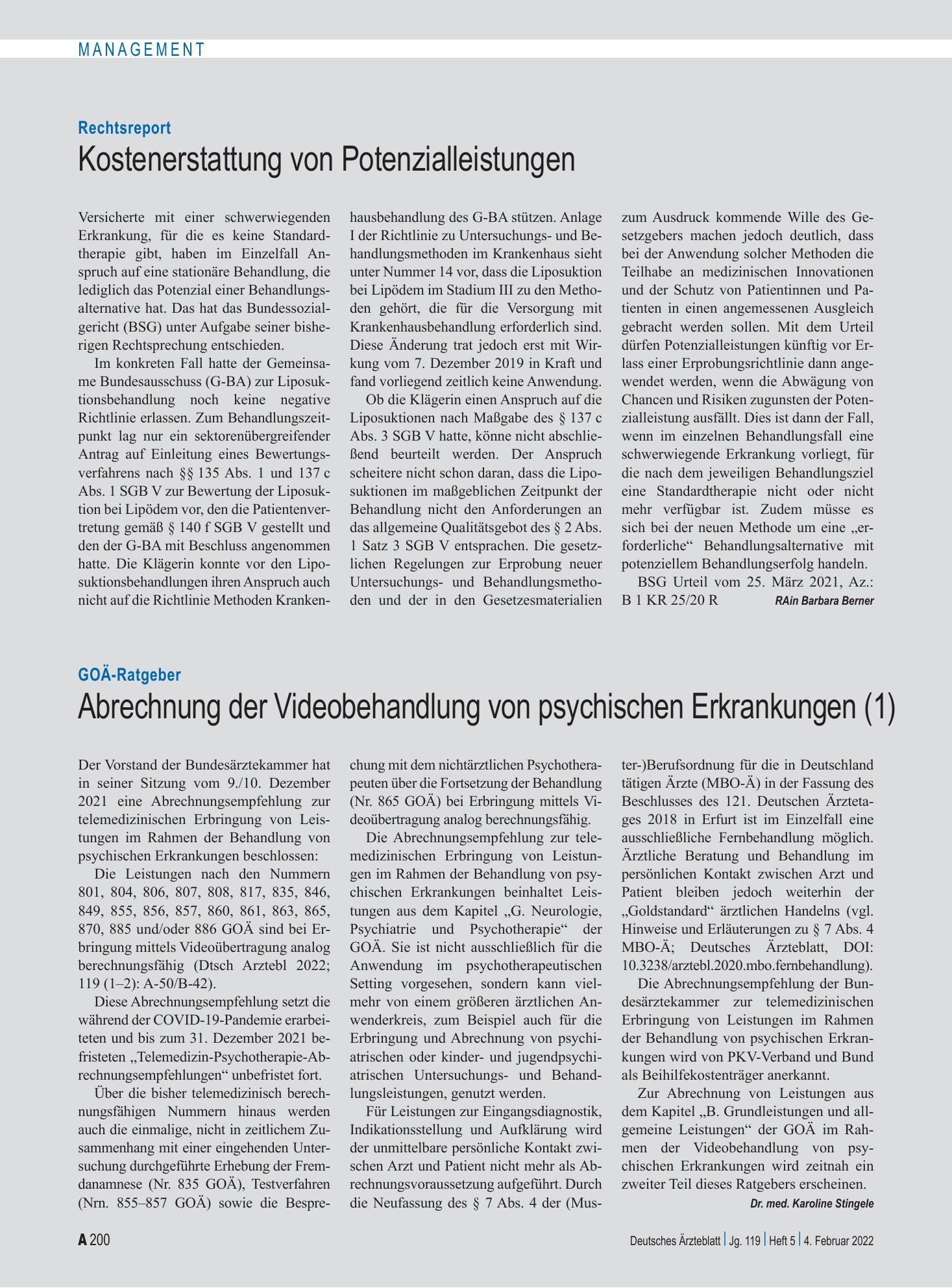 Vorschauseite 1: GOÄ-Ratgeber: Abrechnung der Videobehandlung von psychischen Erkrankungen (1) – Deutsches Ärzteblatt