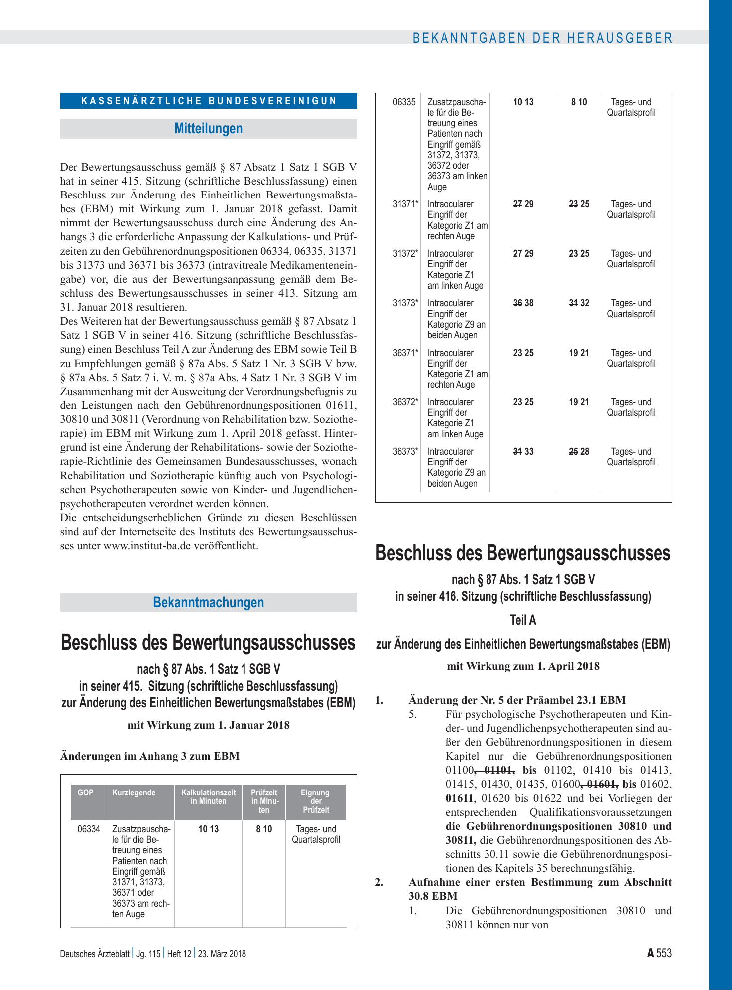 Vorschauseite 1: Beschluss des Bewertungsausschusses nach § 87 Abs. 1 Satz 1 SGB V in seiner 415. Sitzung (schriftliche Beschlussfassung) zur Änderung des Einheitlichen Bewertungsmaßstabes (EBM) –…