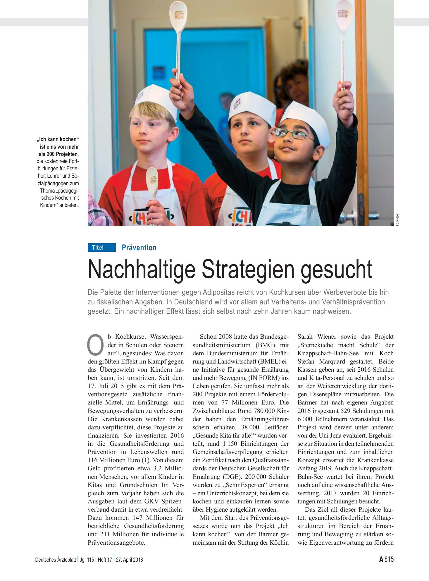 Vorschauseite 1: Prävention: Nachhaltige Strategien gesucht – Deutsches Ärzteblatt