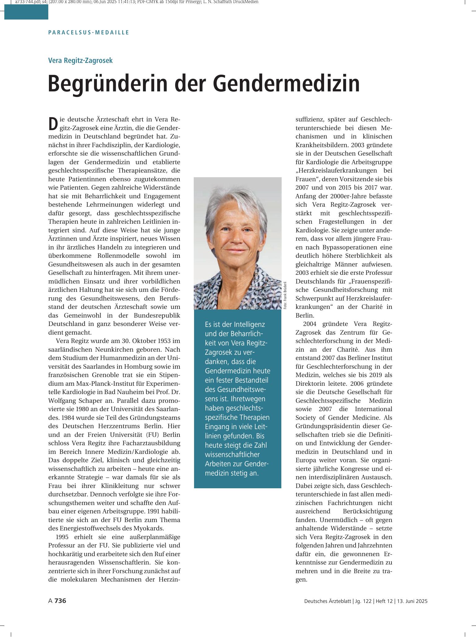Vorschauseite 1: Vera Regitz-Zagrosek: Begründerin der Gendermedizin – Deutsches Ärzteblatt