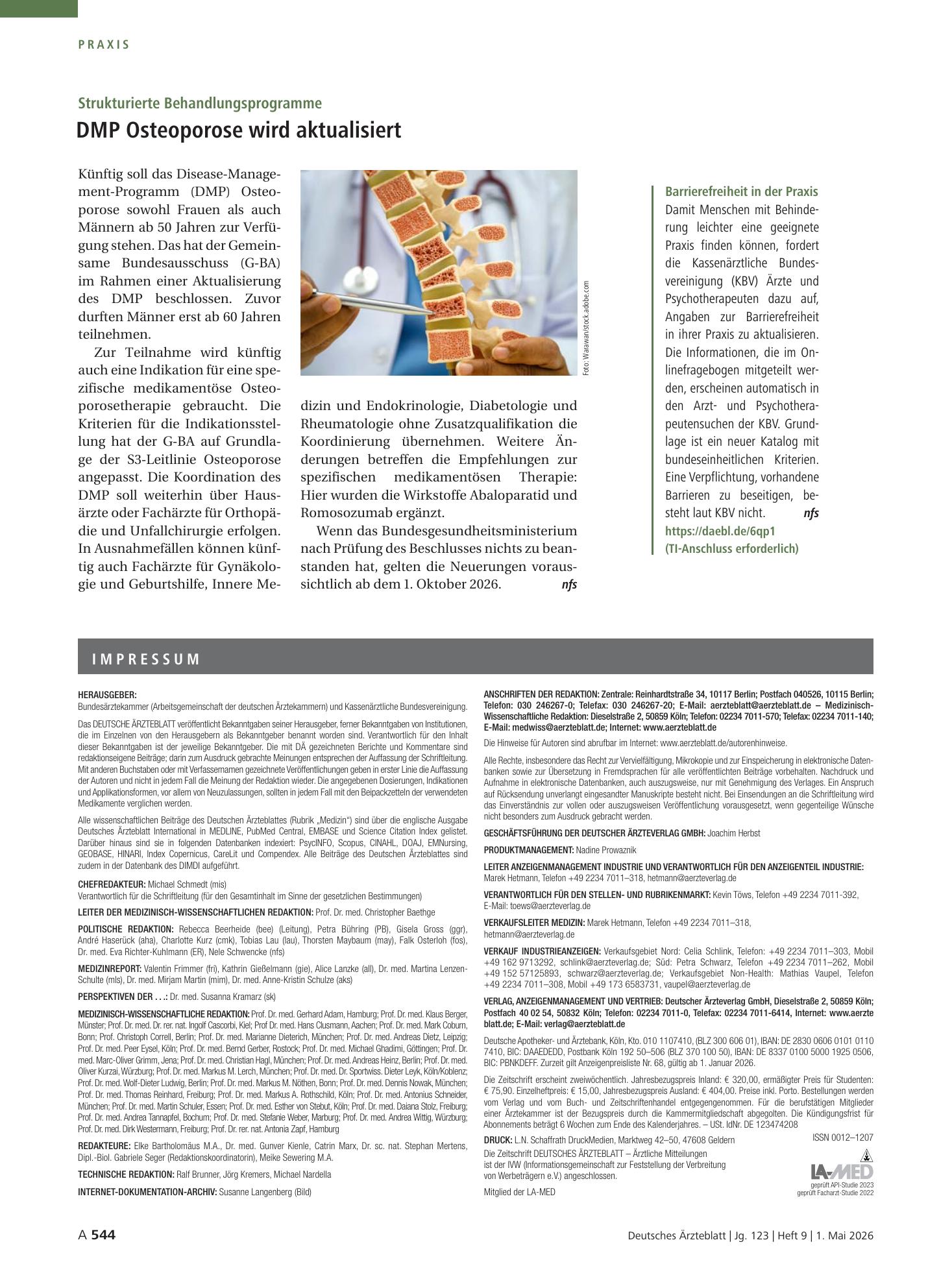 Vorschauseite 1: Strukturierte Behandlungsprogramme: DMP Osteoporose wird aktualisiert – Deutsches Ärzteblatt