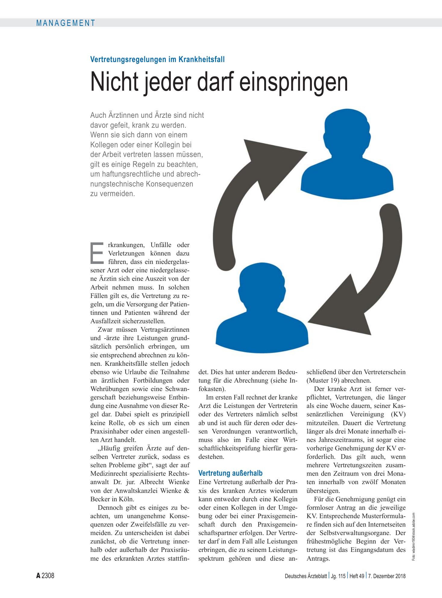 Vorschauseite 1: Vertretungsregelungen im Krankheitsfall: Nicht jeder darf einspringen – Deutsches Ärzteblatt