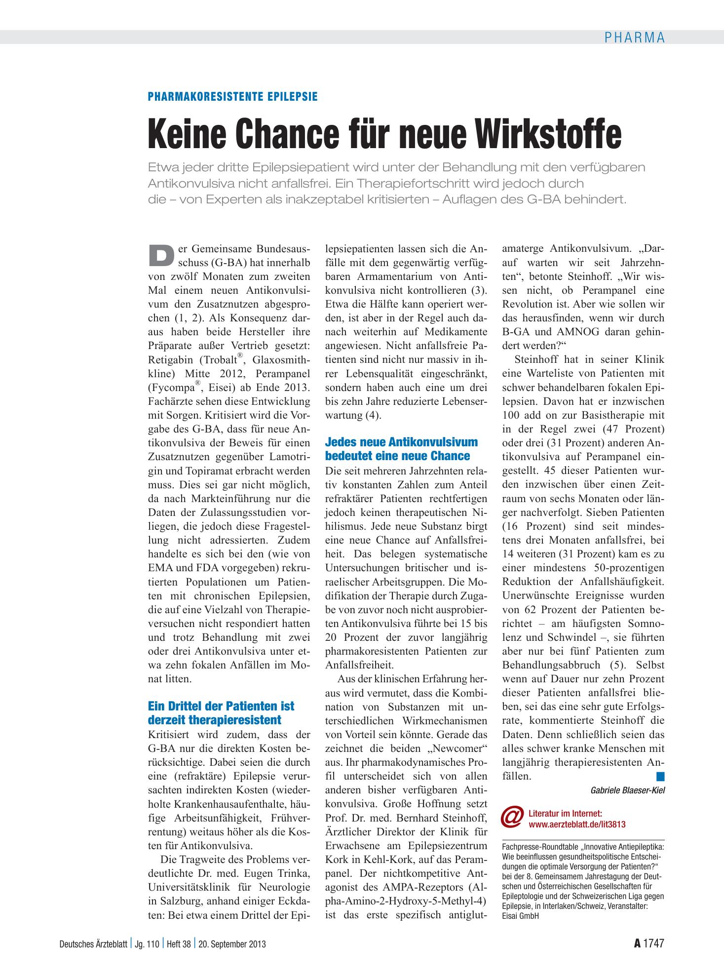 Vorschauseite 1: Pharmakoresistente Epilepsie: Keine Chance für neue Wirkstoffe – Deutsches Ärzteblatt