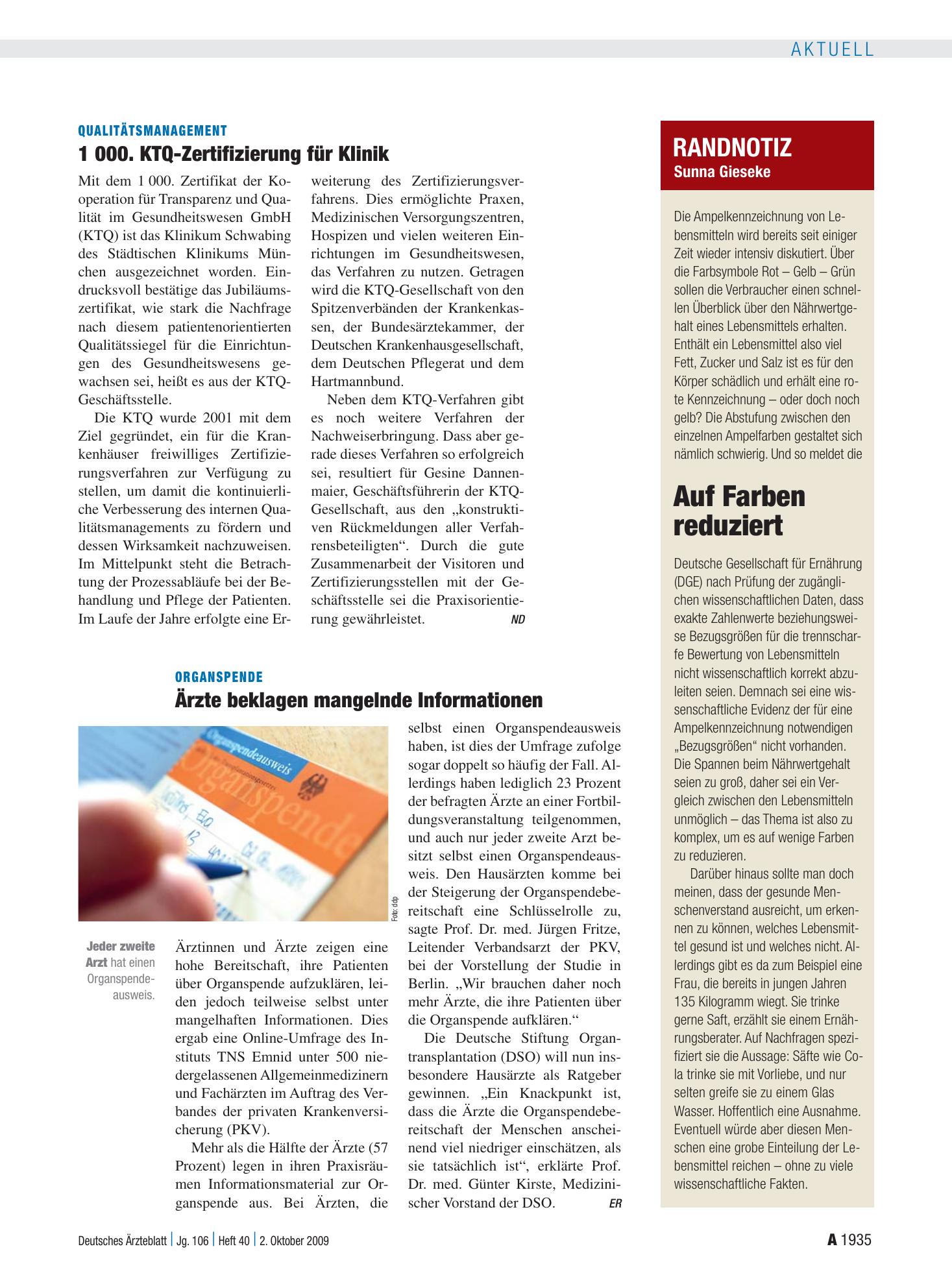 Vorschauseite 1: Randnotiz: Auf Farben reduziert – Deutsches Ärzteblatt