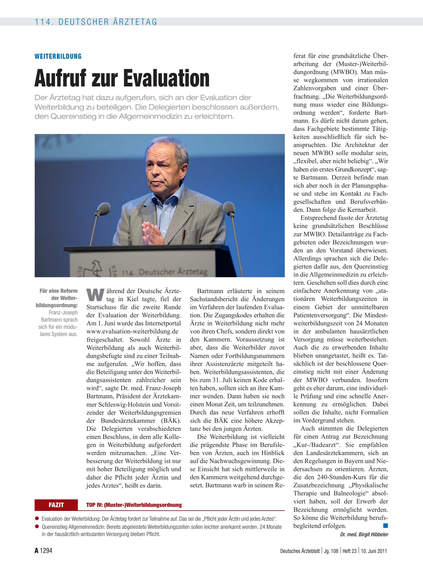 Vorschauseite 1: Weiterbildung: Aufruf zur Evaluation – Deutsches Ärzteblatt
