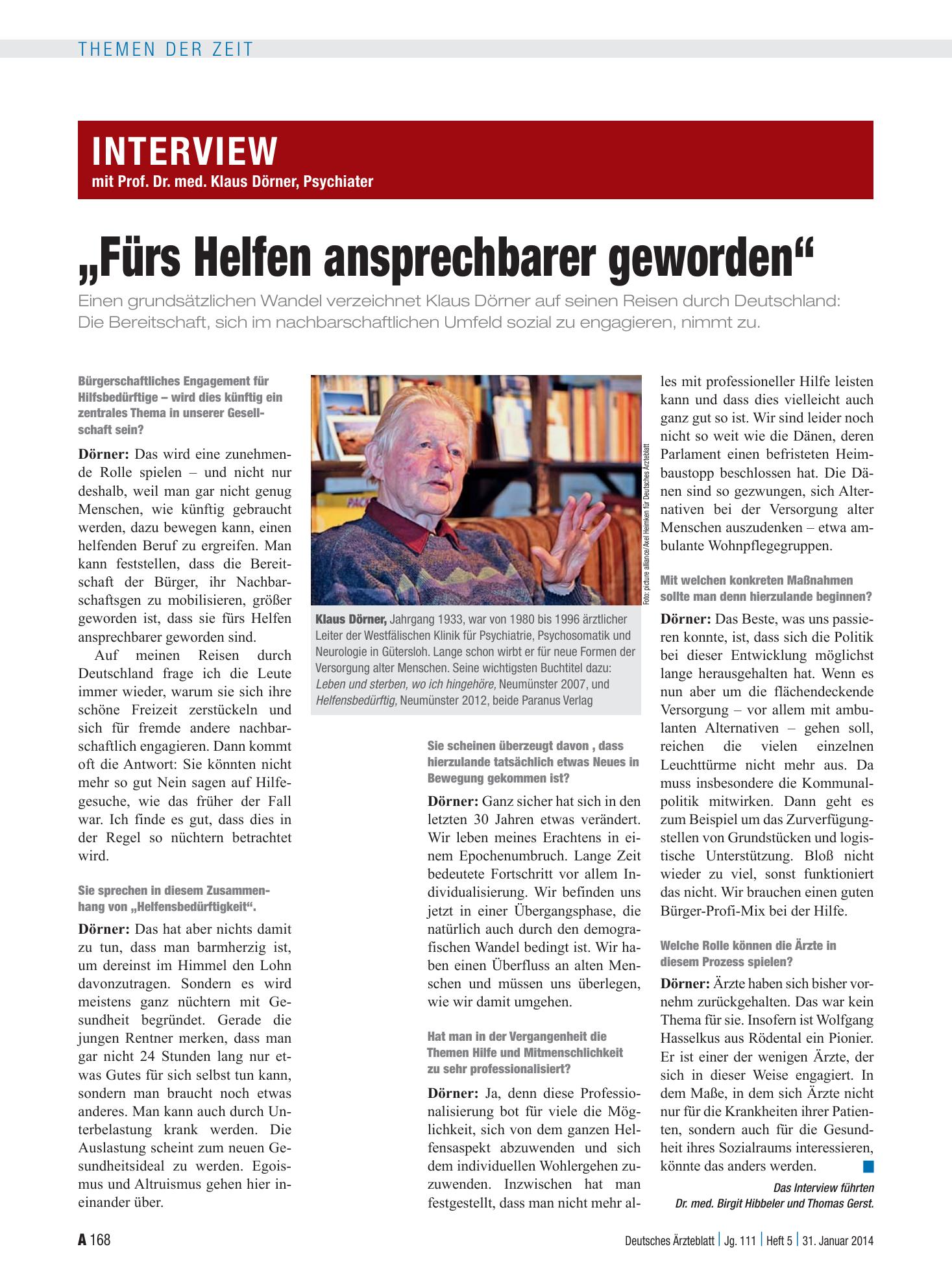 Vorschauseite 1: Interview mit Prof. Dr. med. Klaus Dörner, Psychiater: „Fürs Helfen ansprechbarer geworden“ – Deutsches Ärzteblatt