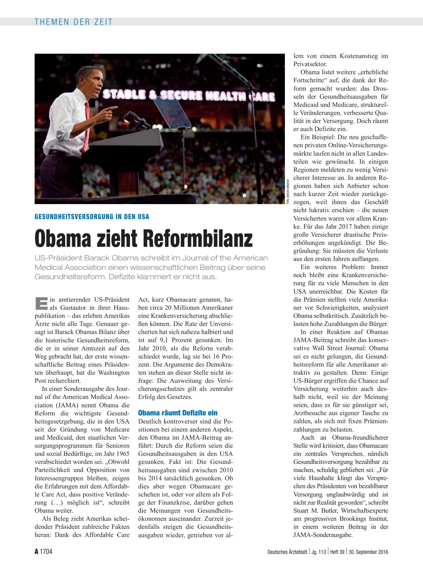 Vorschauseite 1: Gesundheitsversorgung in den USA: Obama zieht Reformbilanz – Deutsches Ärzteblatt