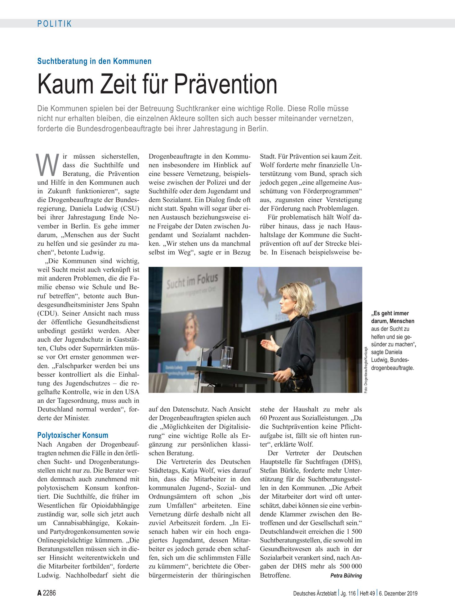 Vorschauseite 1: Suchtberatung in den Kommunen: Kaum Zeit für Prävention – Deutsches Ärzteblatt