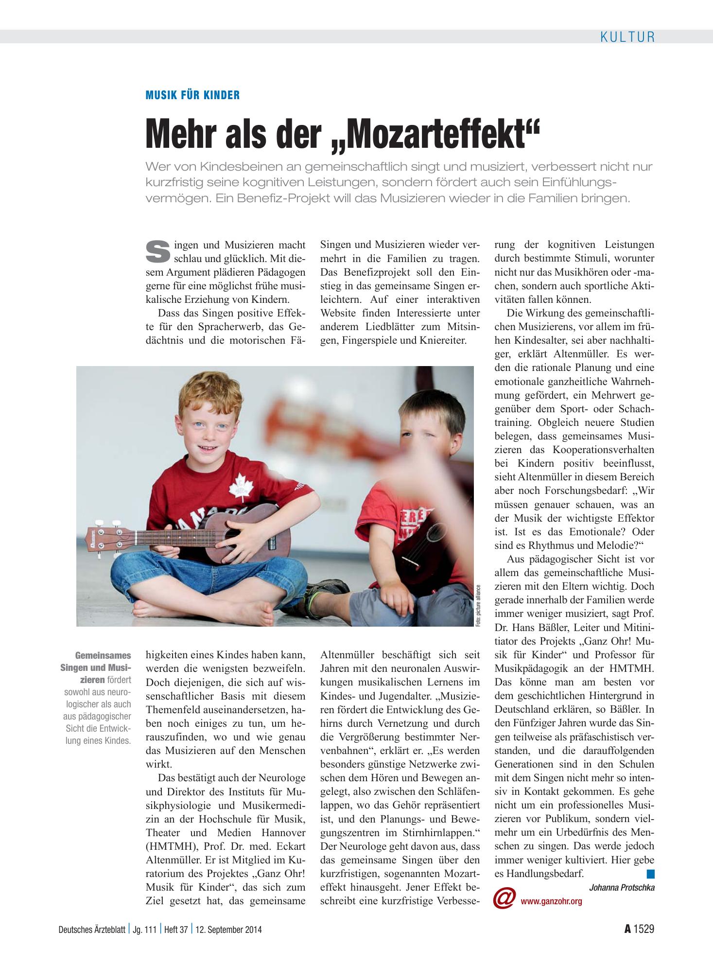 Vorschauseite 1: Musik für Kinder: Mehr als der „Mozarteffekt“ – Deutsches Ärzteblatt