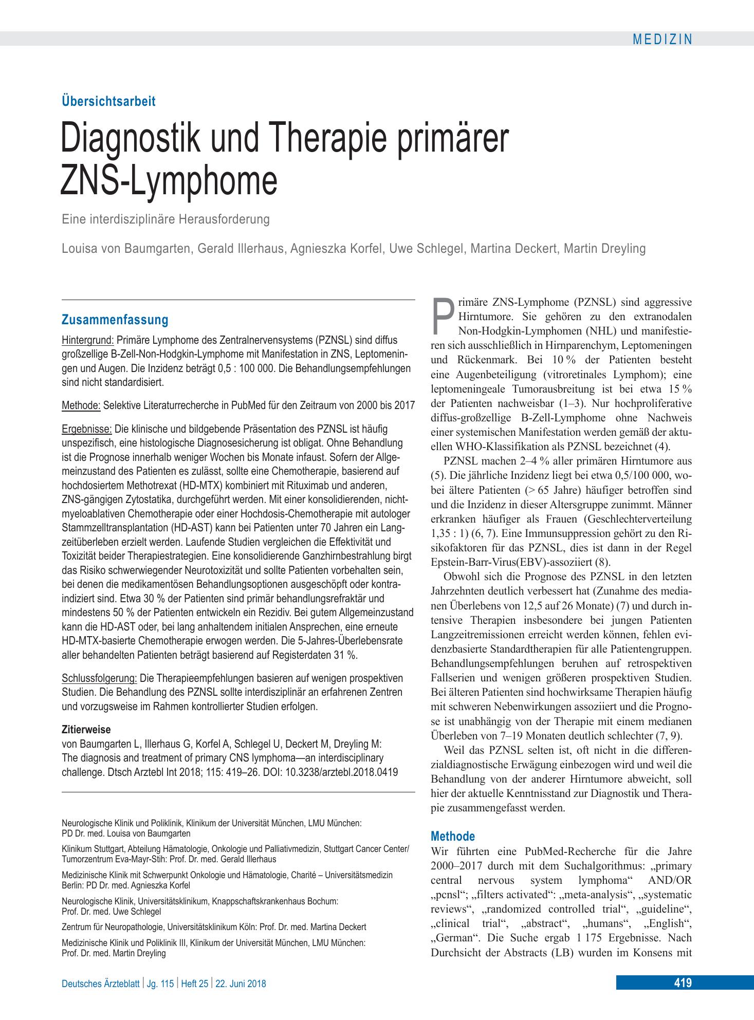 Vorschauseite 1: Diagnostik und Therapie primärer ZNS-Lymphome – Deutsches Ärzteblatt