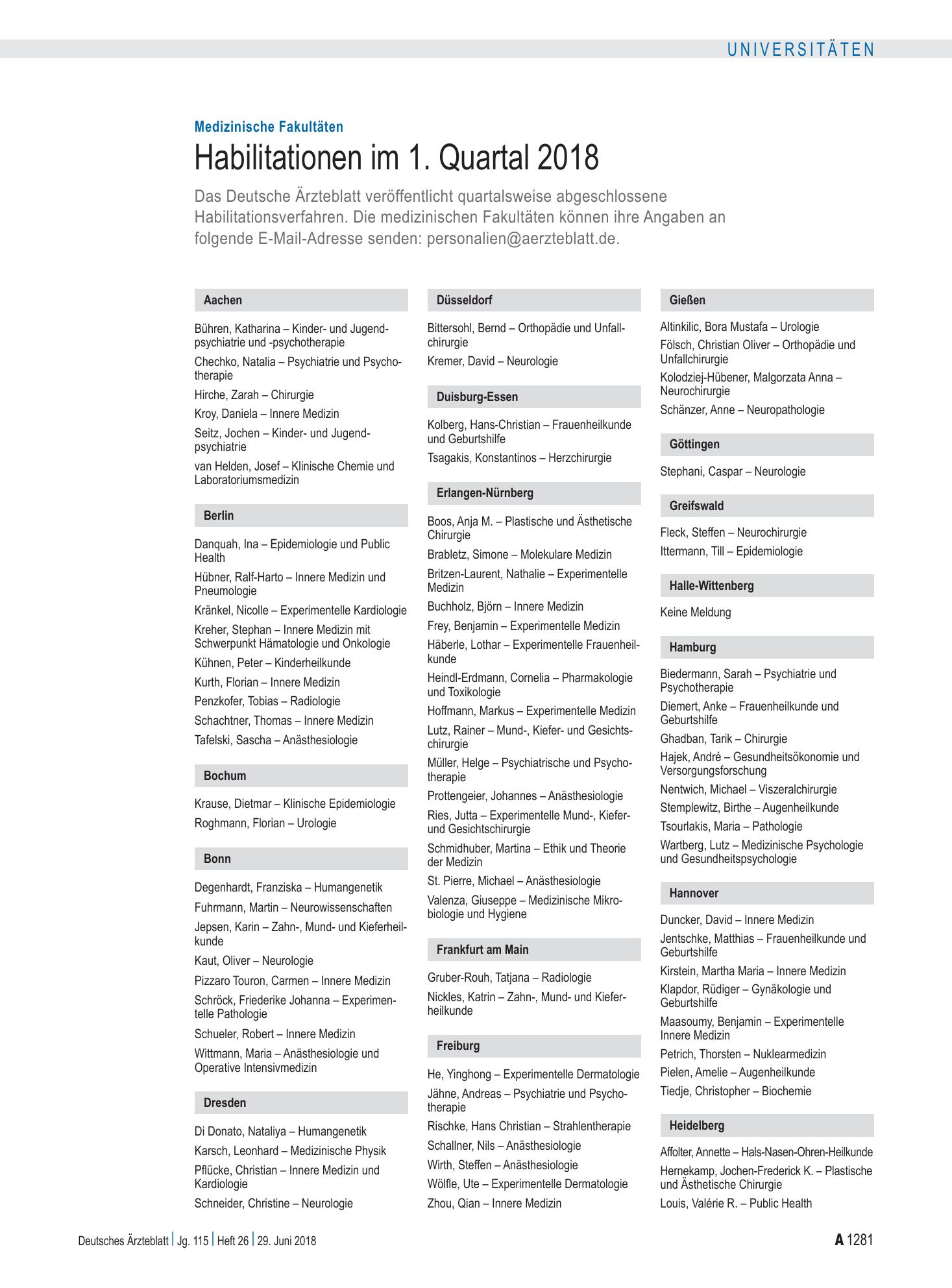 Vorschauseite 1: Medizinische Fakultäten: Habilitationen im 1. Quartal 2018 – Deutsches Ärzteblatt