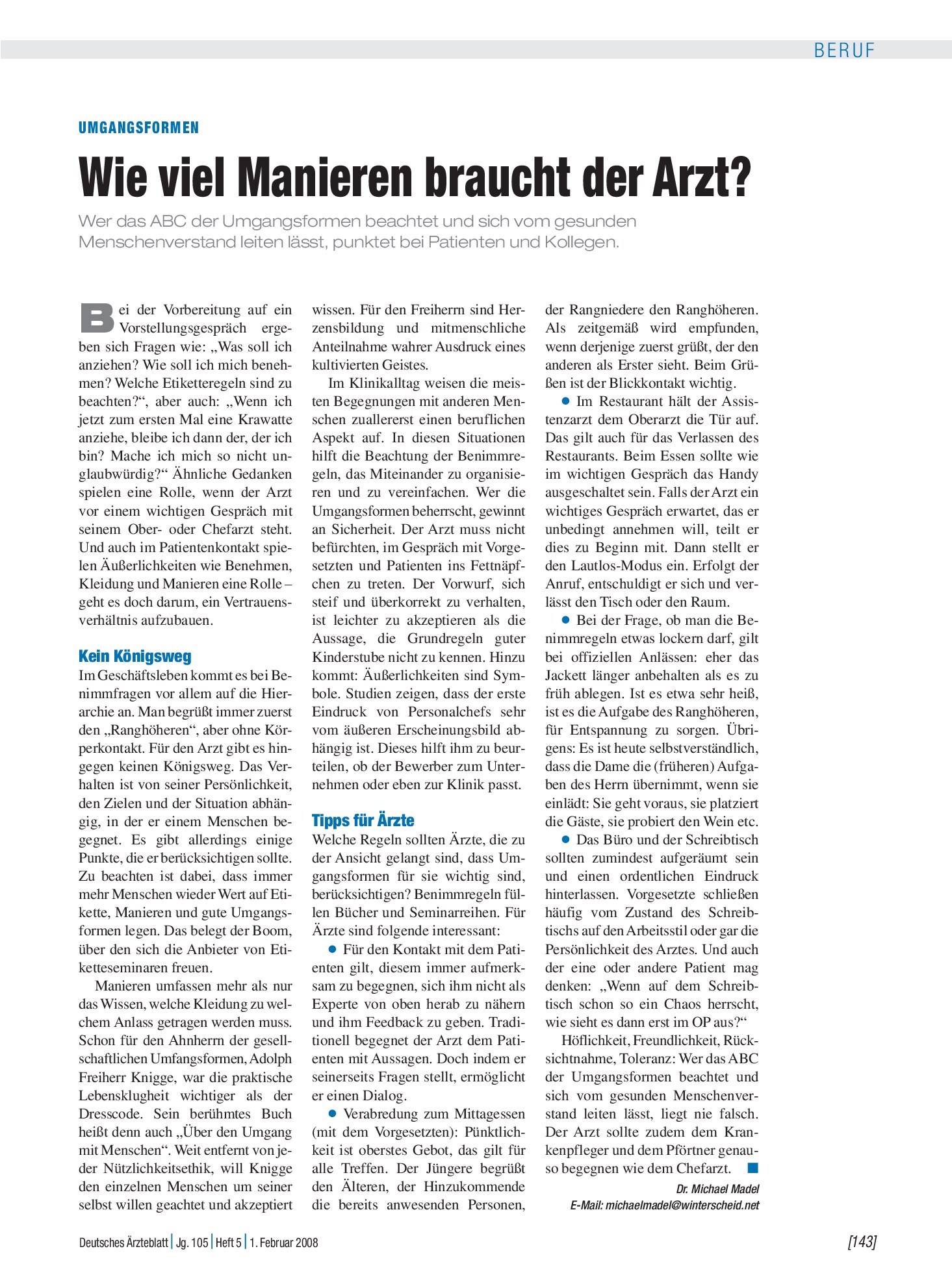 Vorschauseite 1: Umgangsformen: Wie viel Manieren braucht der Arzt? – Deutsches Ärzteblatt