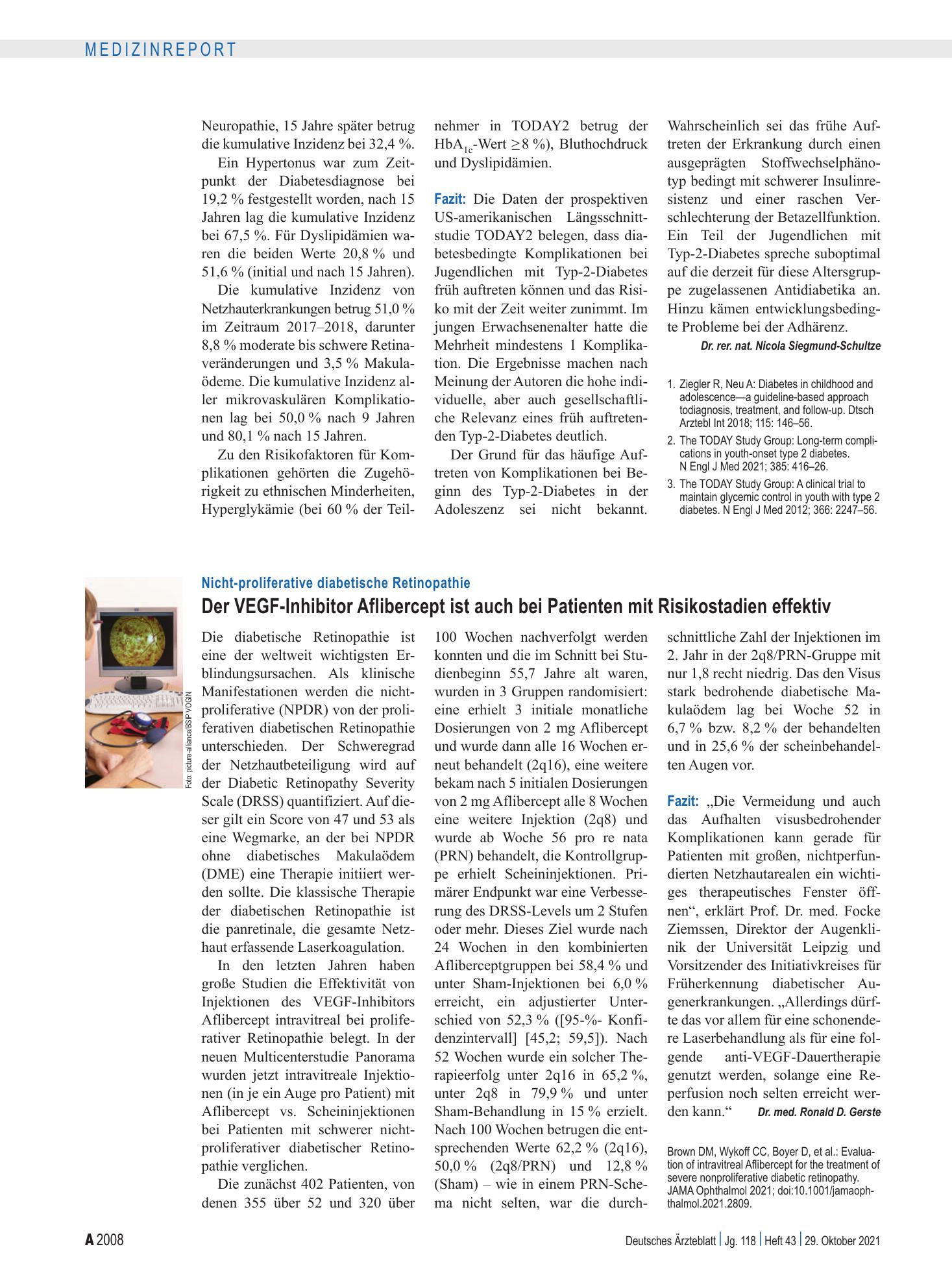 Vorschauseite 1: Nicht-proliferative diabetische Retinopathie: Der VEGF-Inhibitor Aflibercept ist auch bei Patienten mit Risikostadien effektiv – Deutsches Ärzteblatt
