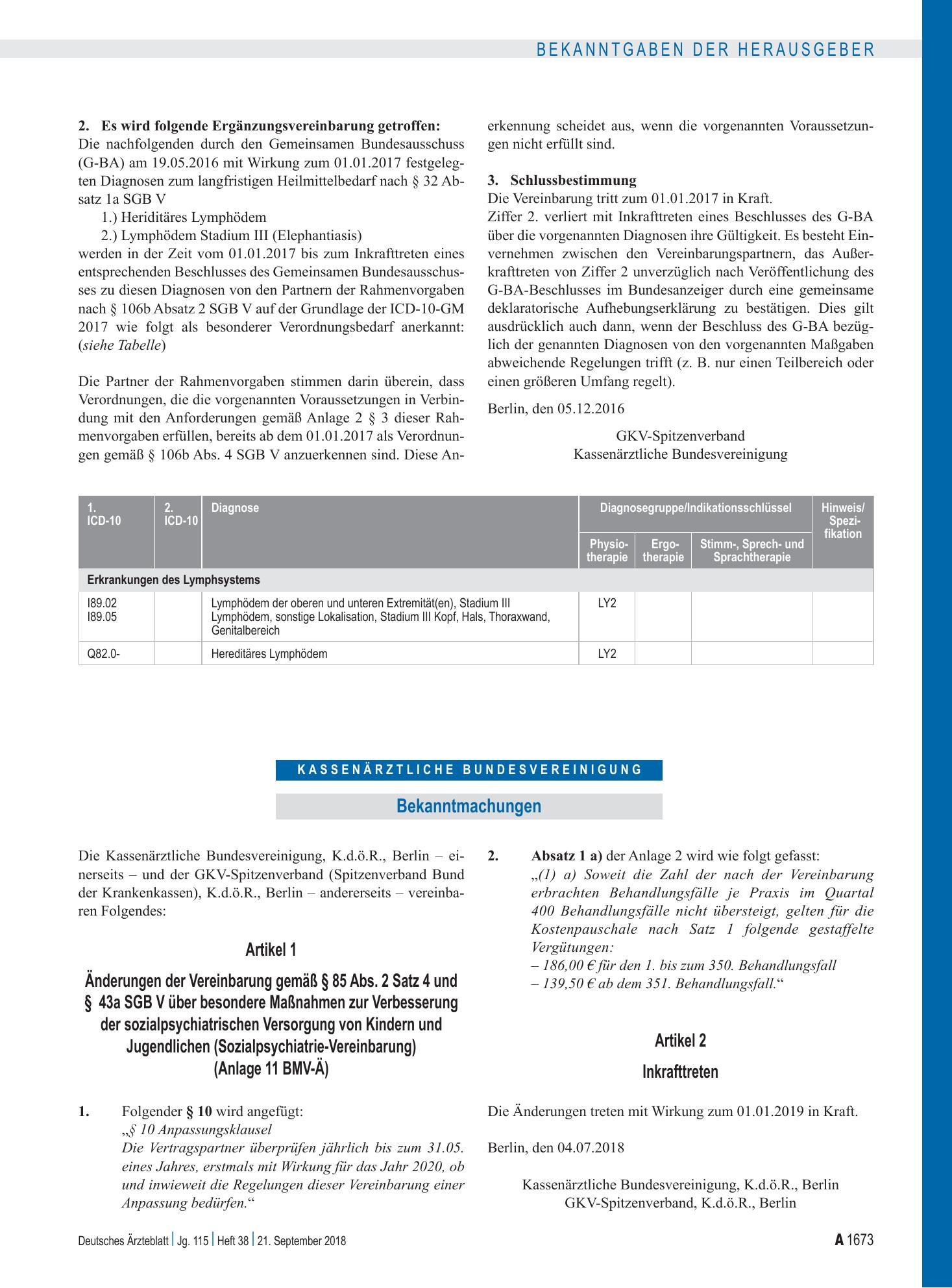 Vorschauseite 1: Artikel 1 – Änderungen der Vereinbarung gemäß § 85 Abs. 2 Satz 4 und § 43a SGB V, Artikel 2, Inkrafttreten – Deutsches Ärzteblatt