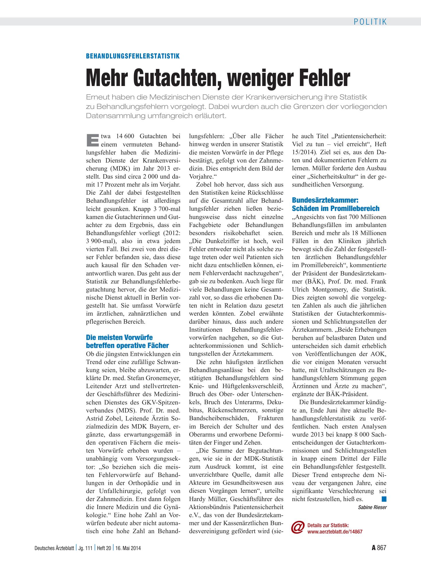 Vorschauseite 1: Behandlungsfehlerstatistik: Mehr Gutachten, weniger Fehler – Deutsches Ärzteblatt