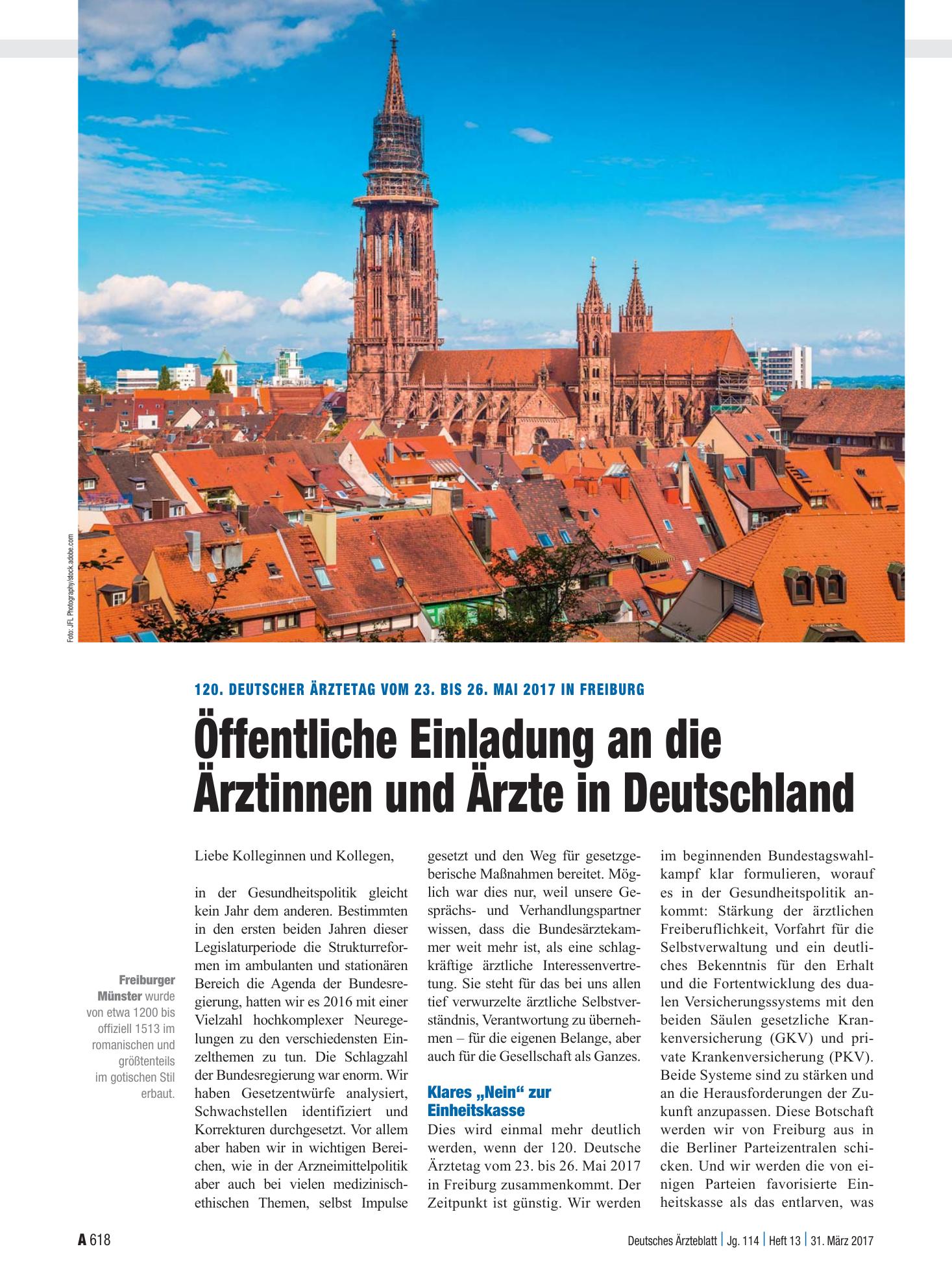Vorschauseite 1: 120. Deutscher Ärztetag vom 23. bis 26. Mai 2017 in Freiburg: Öffentliche Einladung an die Ärztinnen und Ärzte in Deutschland – Deutsches Ärzteblatt