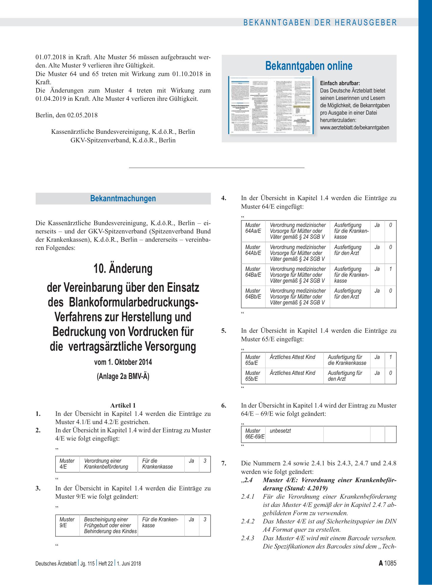 Vorschauseite 1: Bekanntgaben online – Deutsches Ärzteblatt