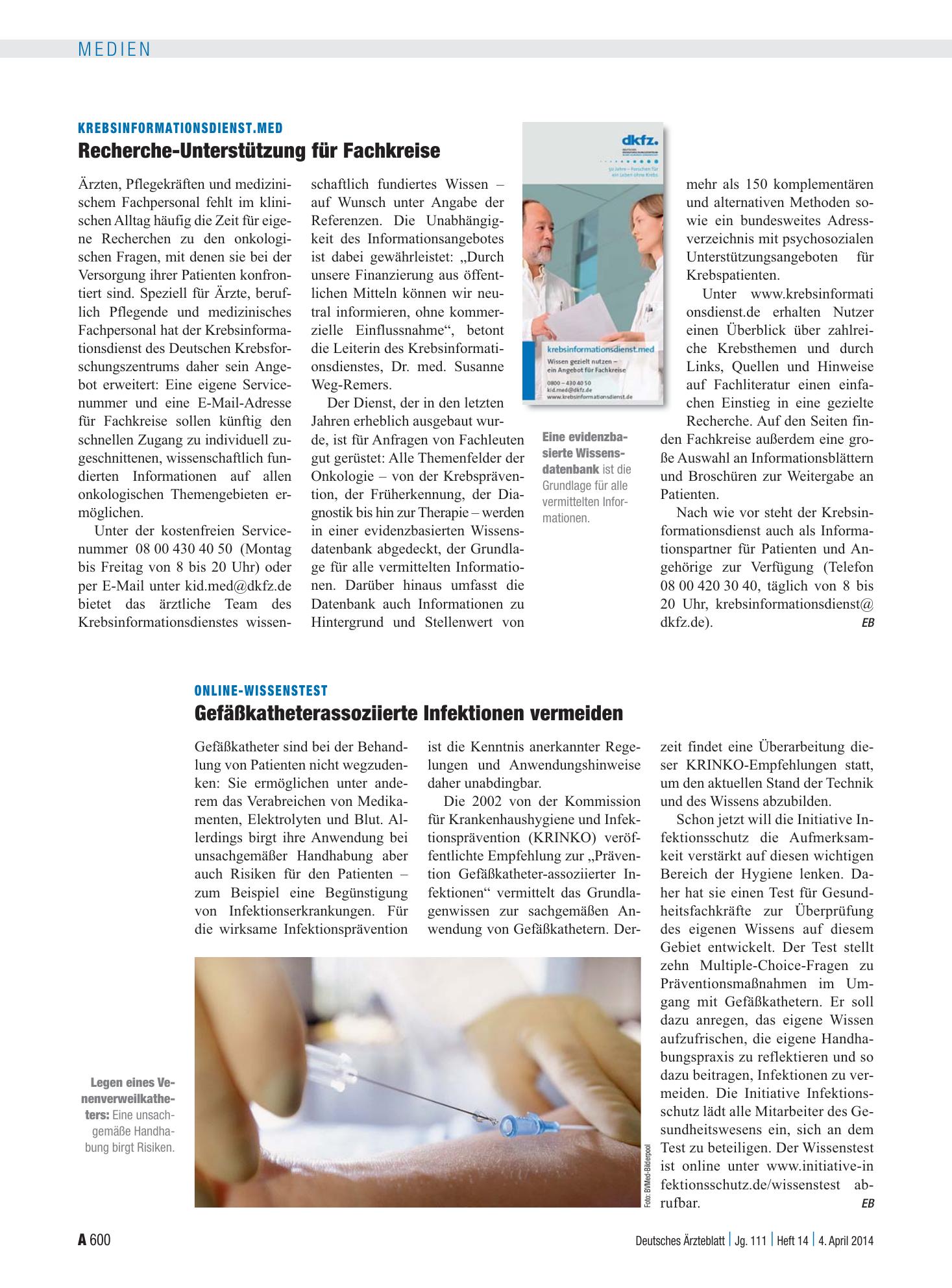 Vorschauseite 1: Krebsinformationsdienst.med: Recherche-Unterstützung für Fachkreise – Deutsches Ärzteblatt