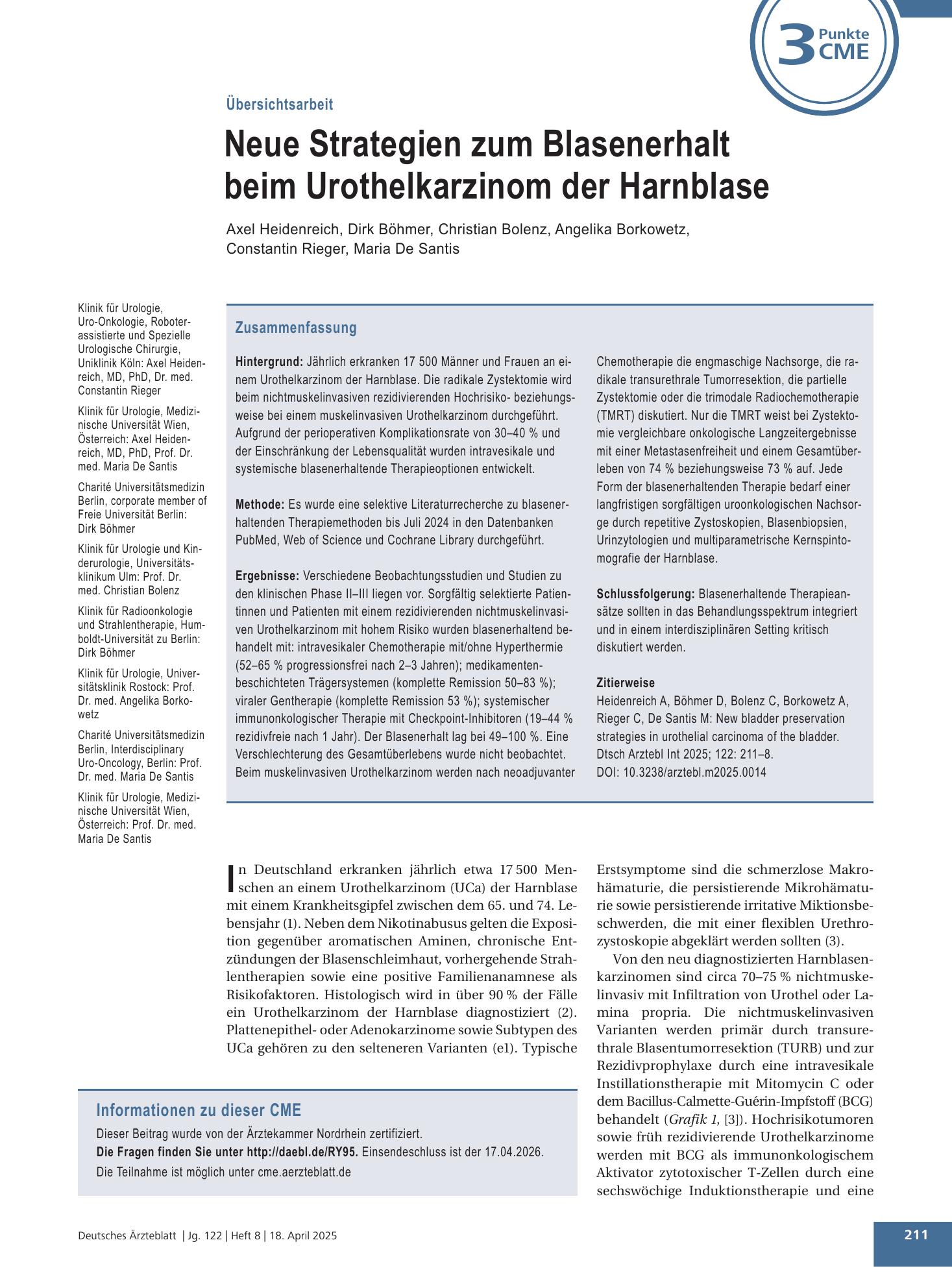 Vorschauseite 1: Neue Strategien zum Blasenerhalt beim Urothelkarzinom der Harnblase – Deutsches Ärzteblatt