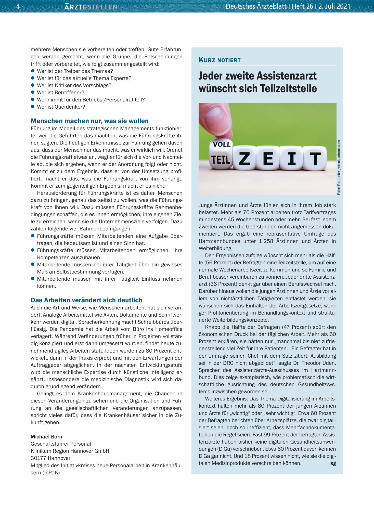 Vorschauseite 1: Jeder zweite Assistenzarzt wünscht sich Teilzeitstelle – Deutsches Ärzteblatt