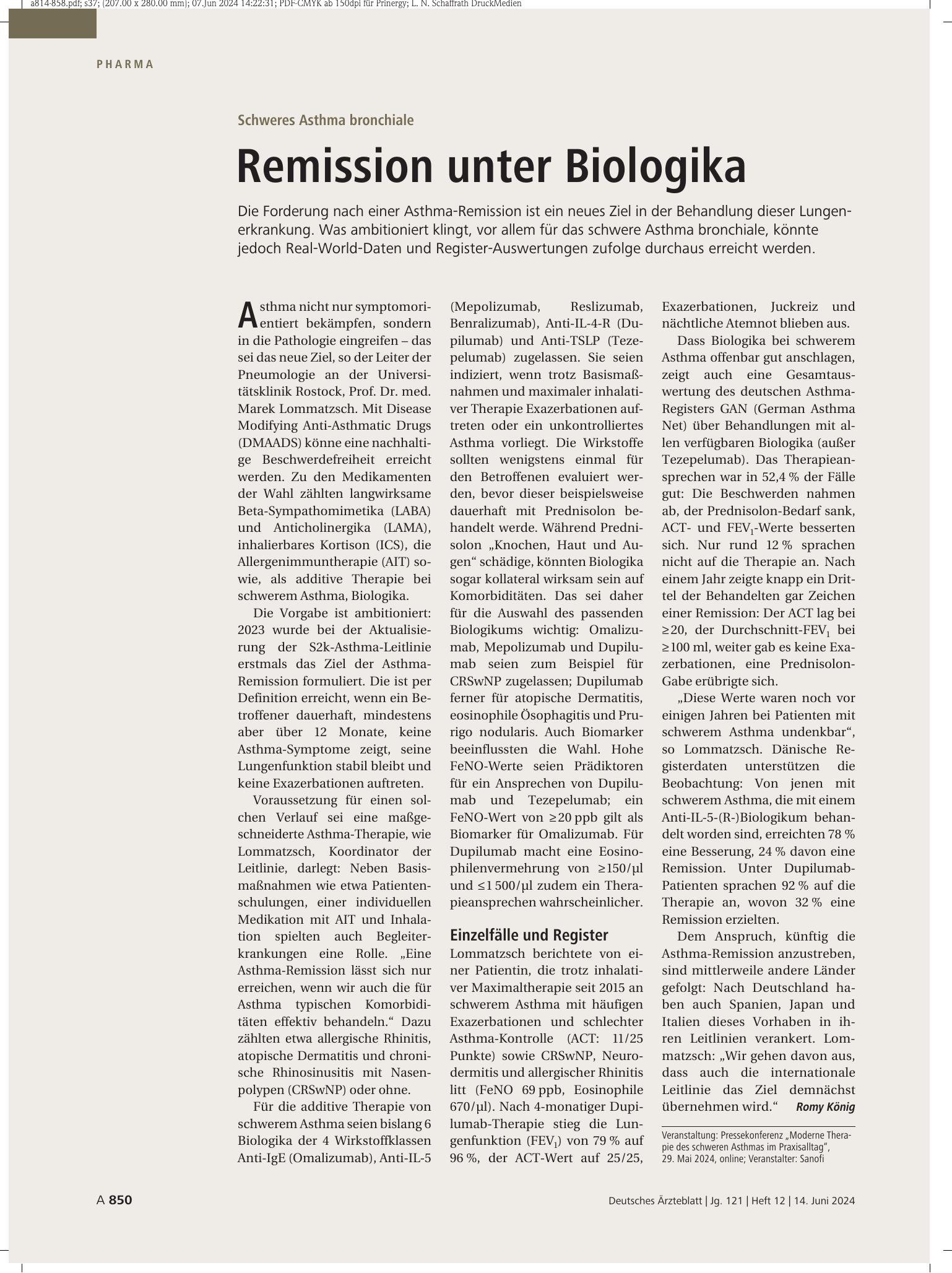 Vorschauseite 1: Schweres Asthma bronchiale: Remission unter Biologika – Deutsches Ärzteblatt