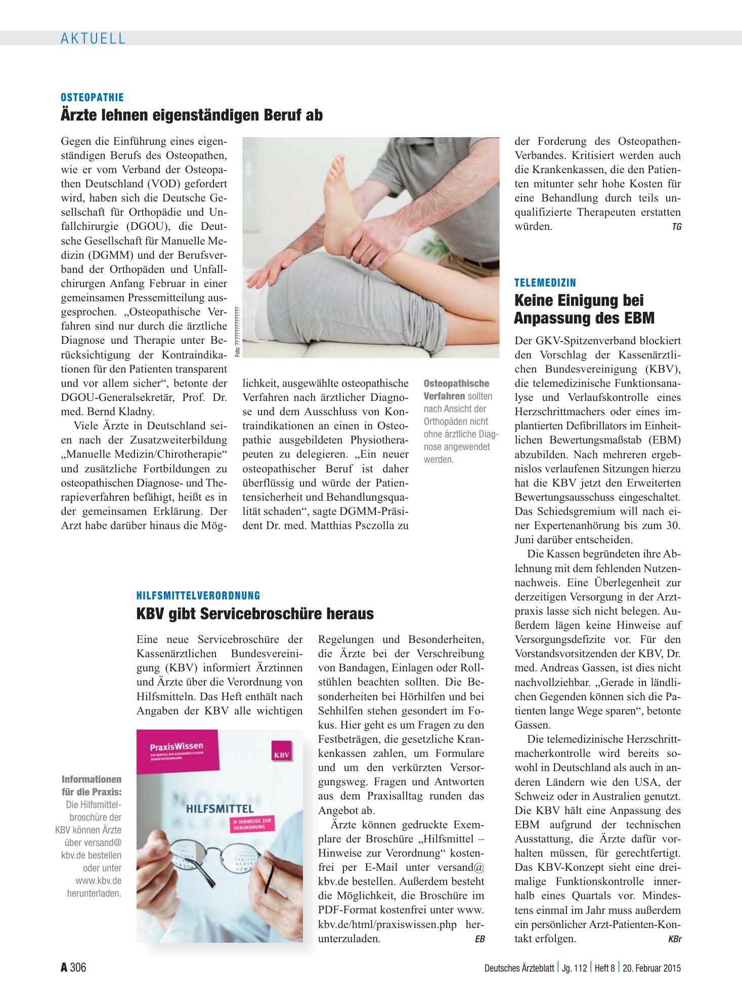 Vorschauseite 1: Osteopathie: Ärzte lehnen eigenständigen Beruf ab – Deutsches Ärzteblatt