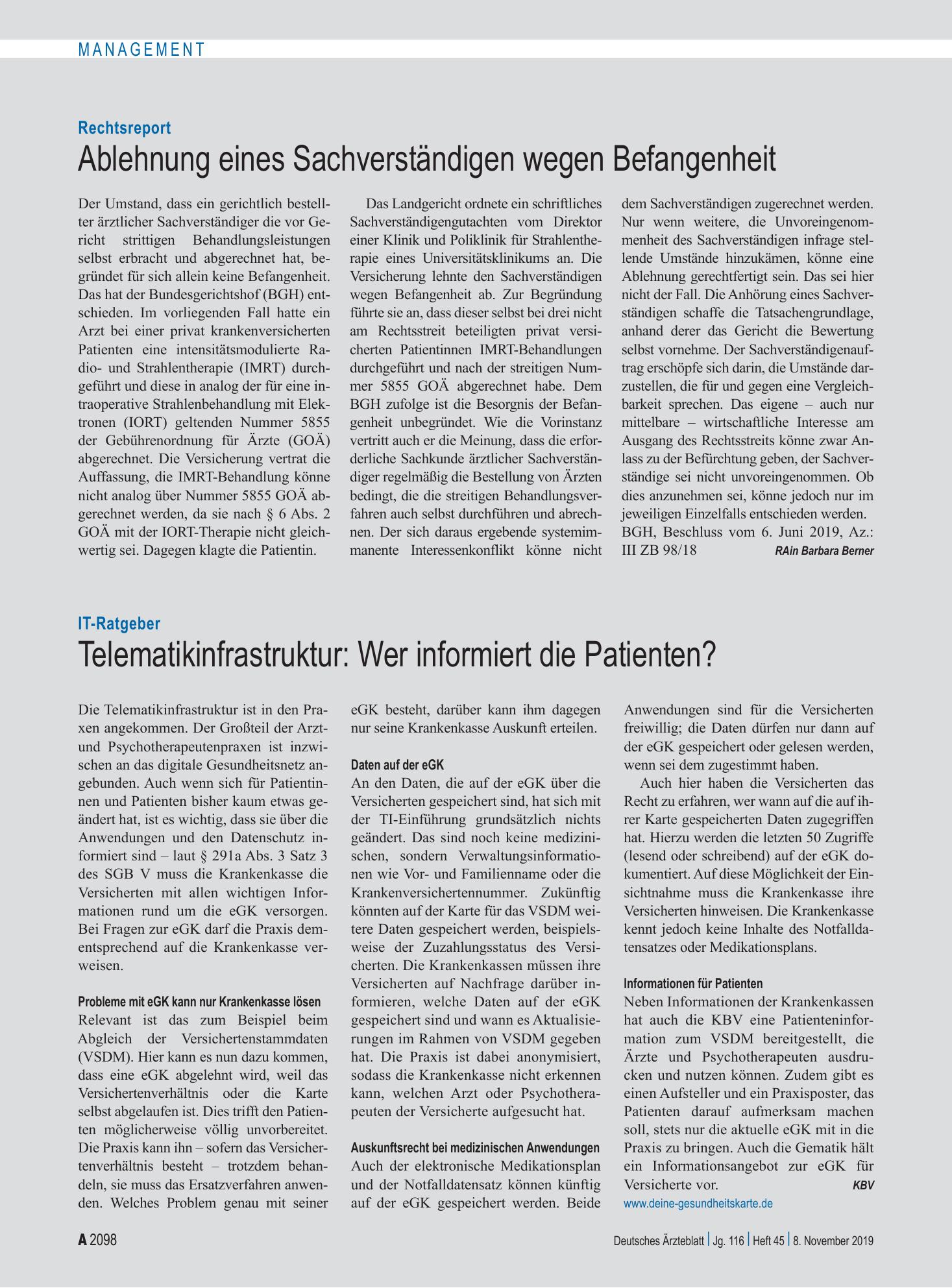 Vorschauseite 1: Rechtsreport: Ablehnung eines Sachverständigen wegen Befangenheit – Deutsches Ärzteblatt