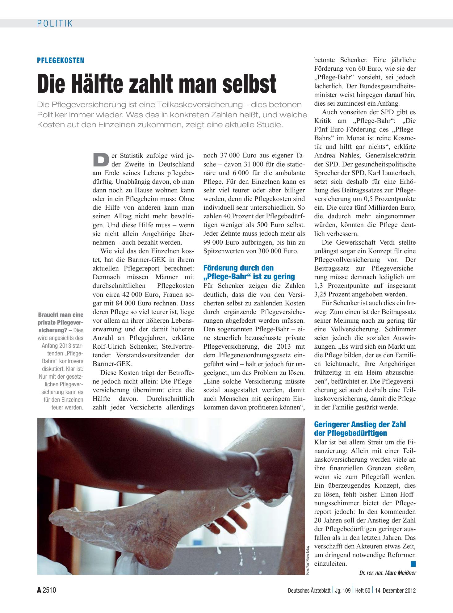 Vorschauseite 1: Pflegekosten: Die Hälfte zahlt man selbst – Deutsches Ärzteblatt