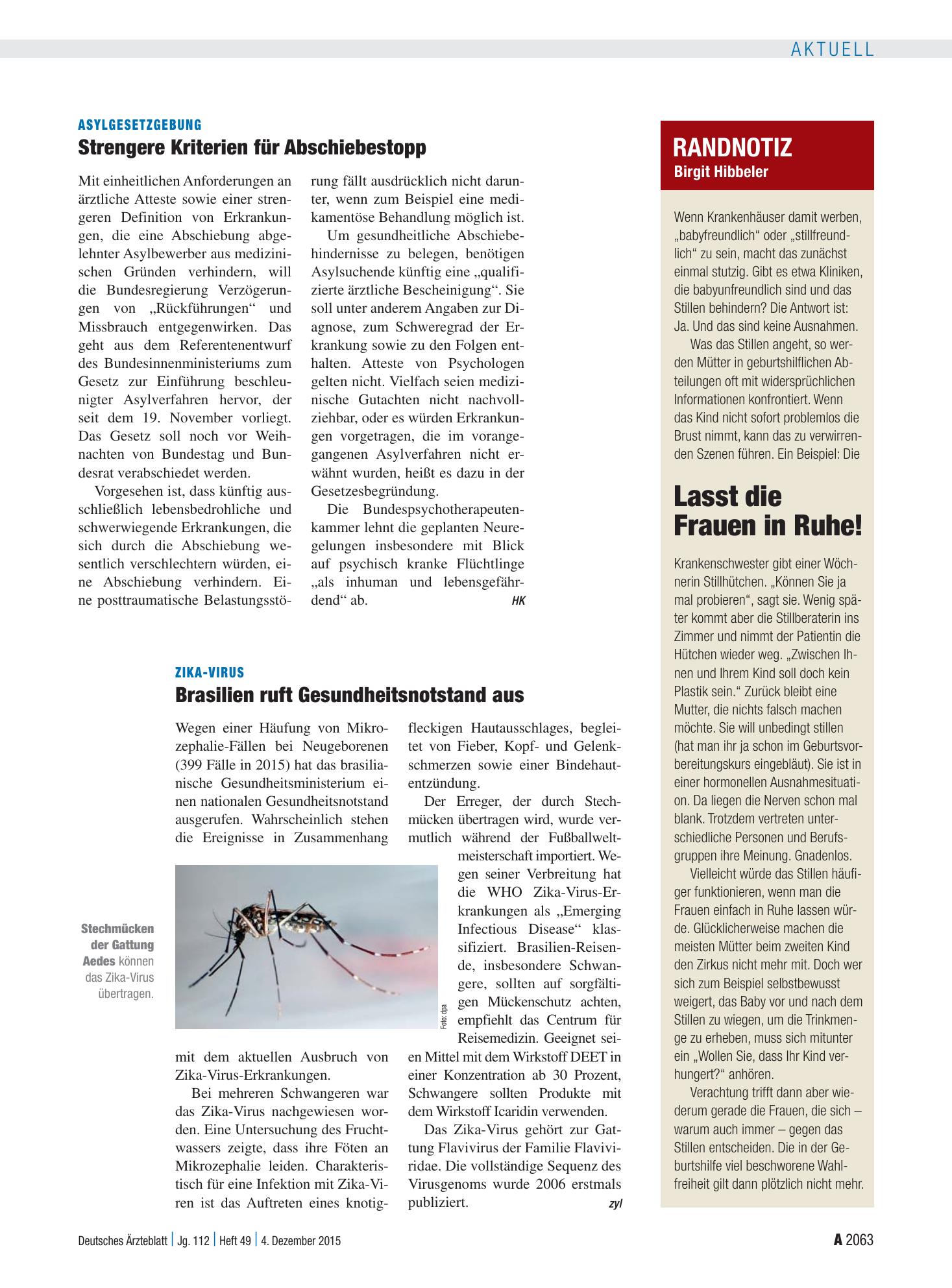 Vorschauseite 1: Zika-Virus: Brasilien ruft Gesundheitsnotstand aus – Deutsches Ärzteblatt