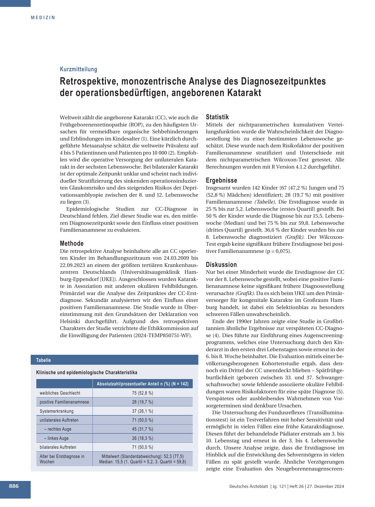 Vorschauseite 1: Retrospektive, monozentrische Analyse des Diagnosezeitpunktes der operationsbedürftigen, angeborenen Katarakt – Deutsches Ärzteblatt